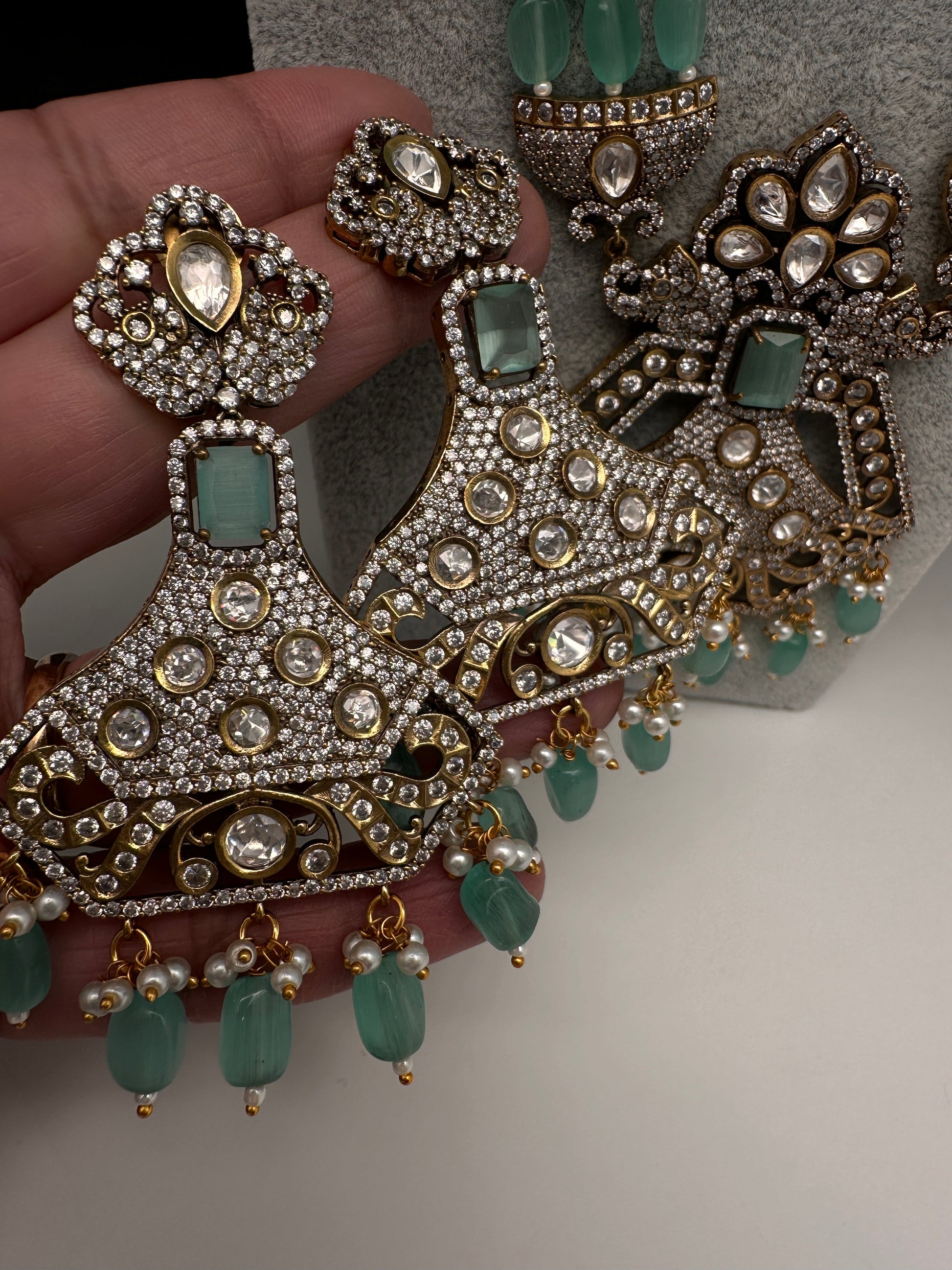 CZ Kundan Beads Long Necklace - MintGreen