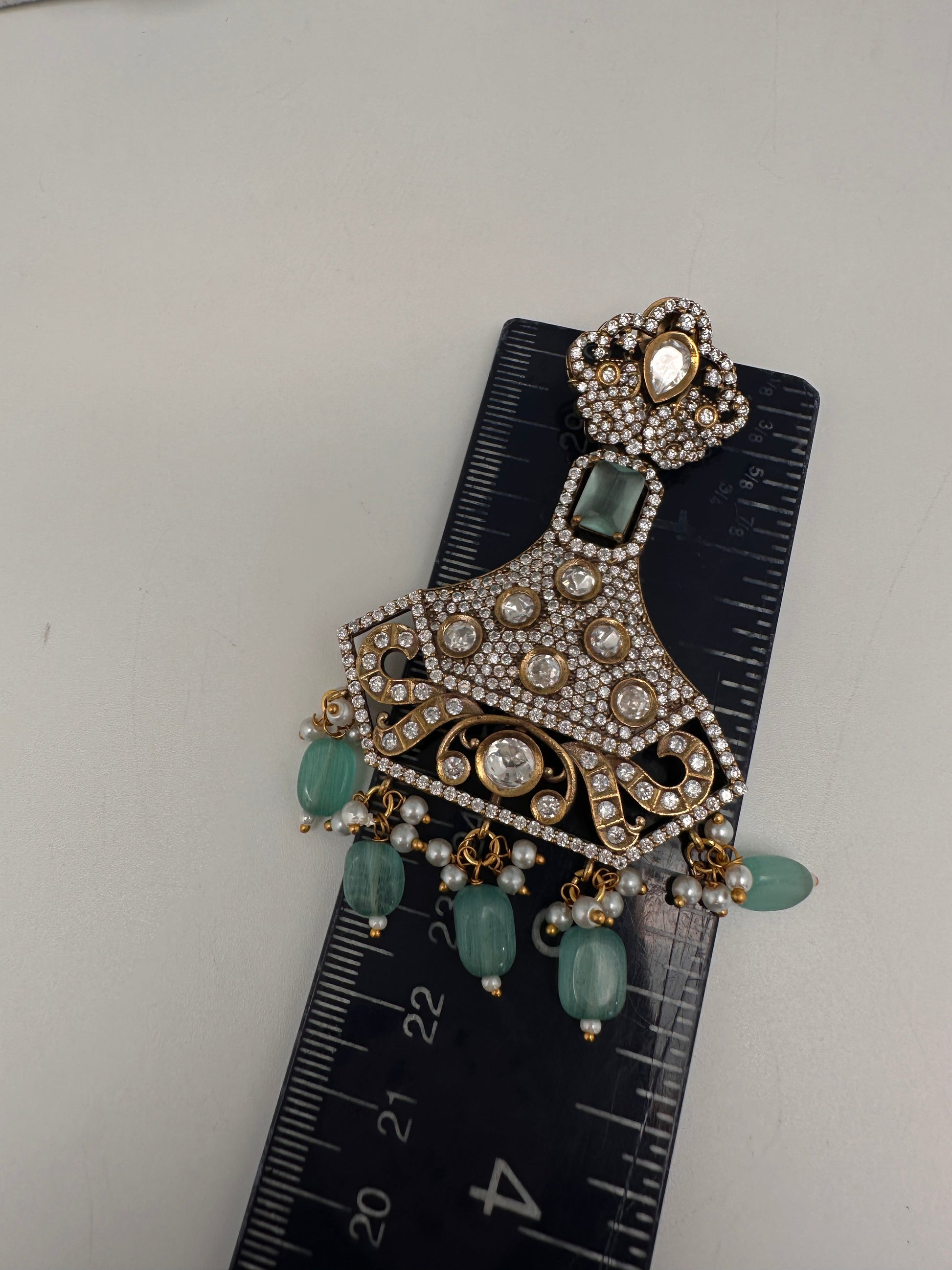 CZ Kundan Beads Long Necklace - MintGreen