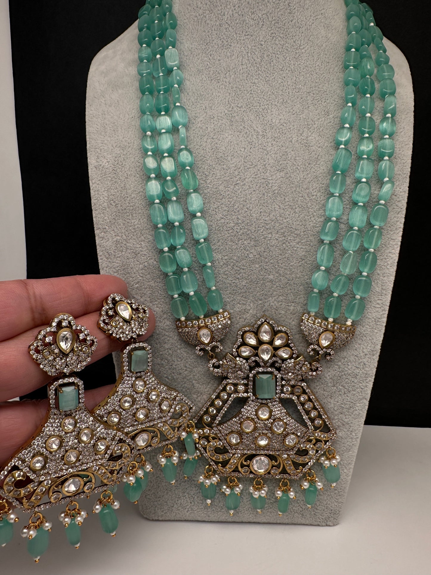 CZ Kundan Beads Long Necklace - MintGreen