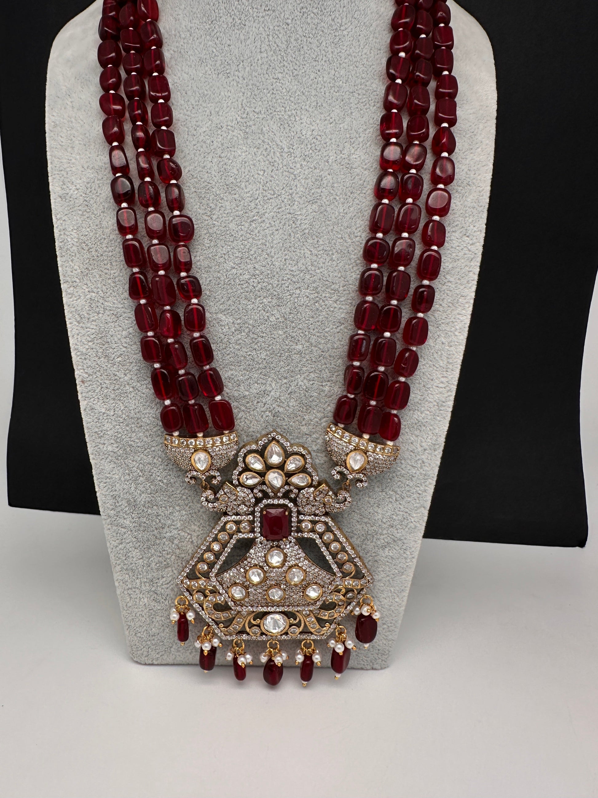 CZ Kundan Beads Long Necklace - Red