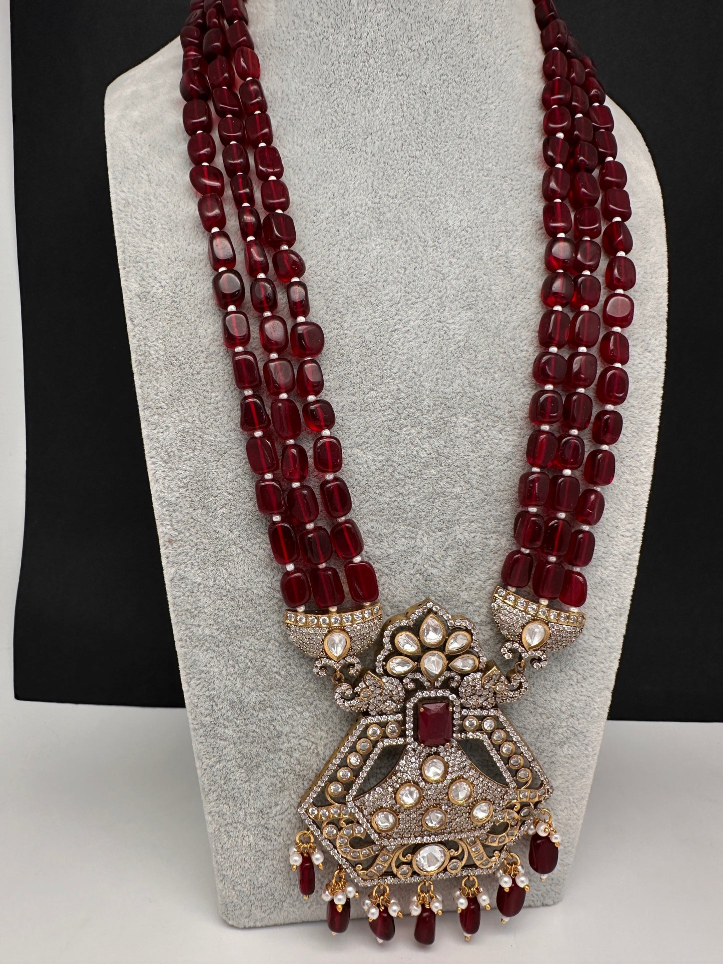 CZ Kundan Beads Long Necklace - Red