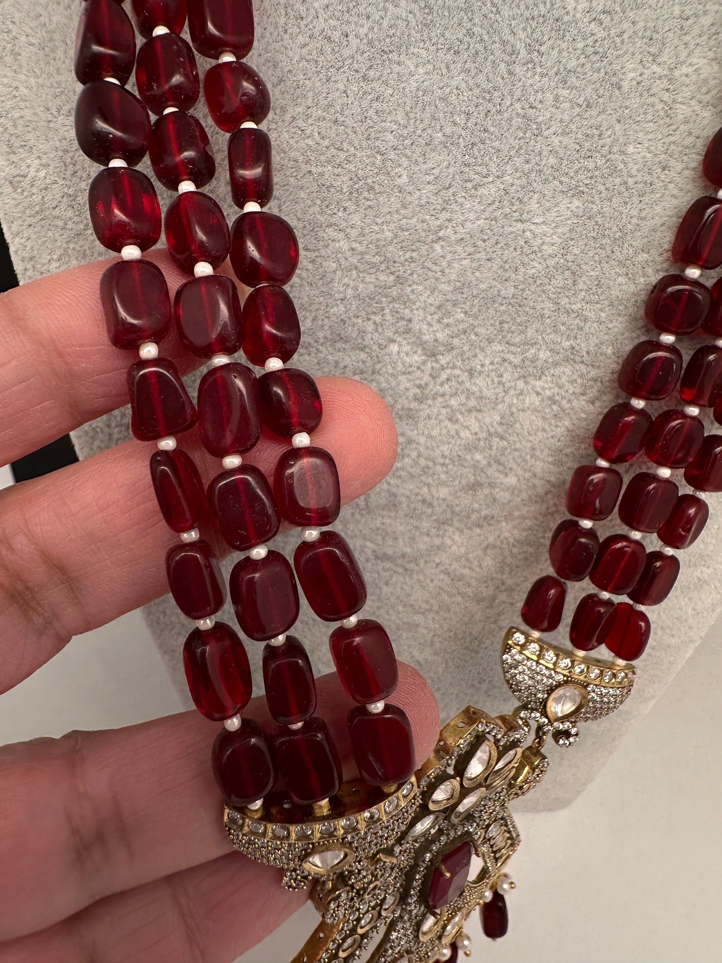 CZ Kundan Beads Long Necklace - Red