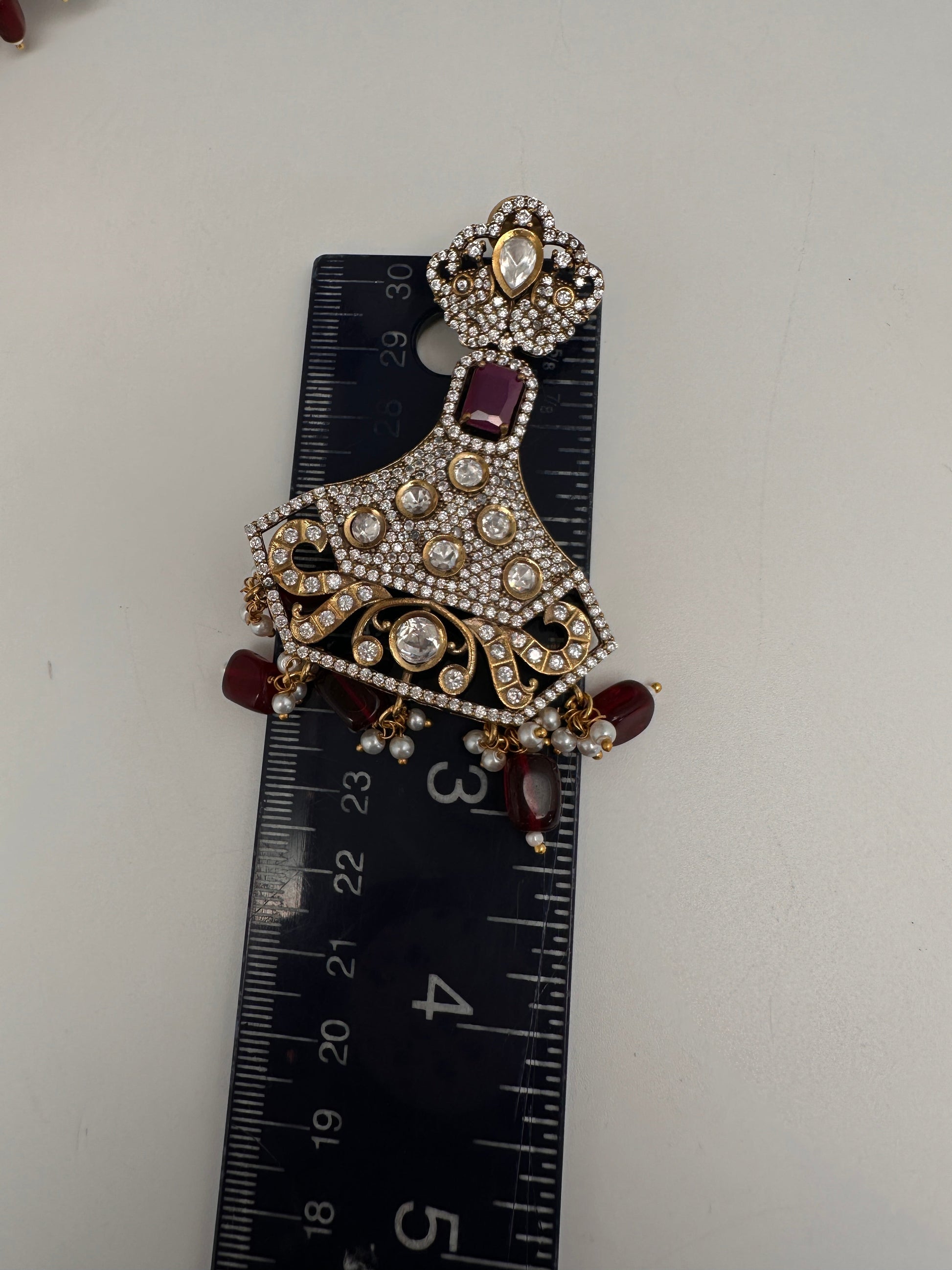 CZ Kundan Beads Long Necklace - Red