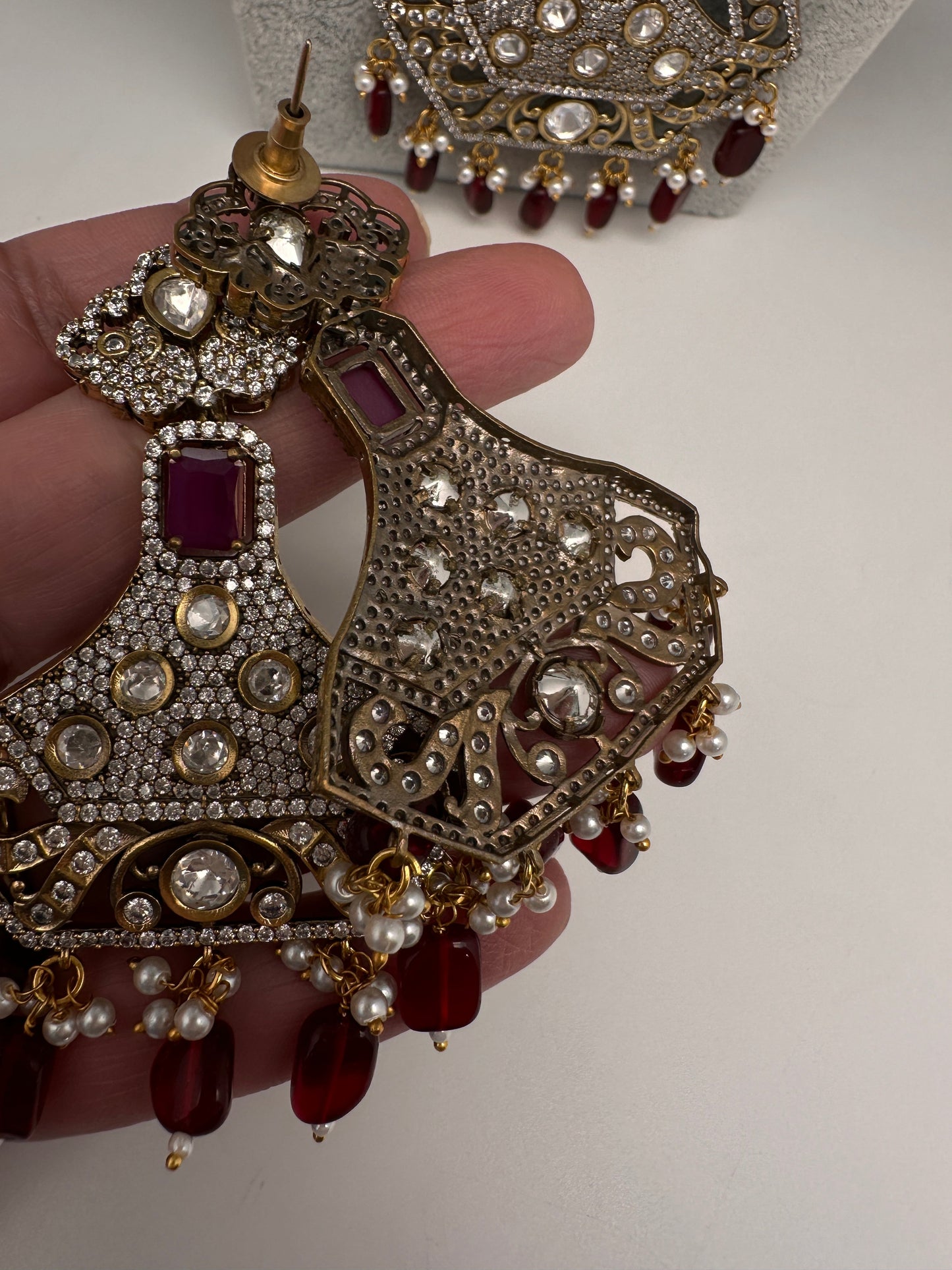 CZ Kundan Beads Long Necklace - Red