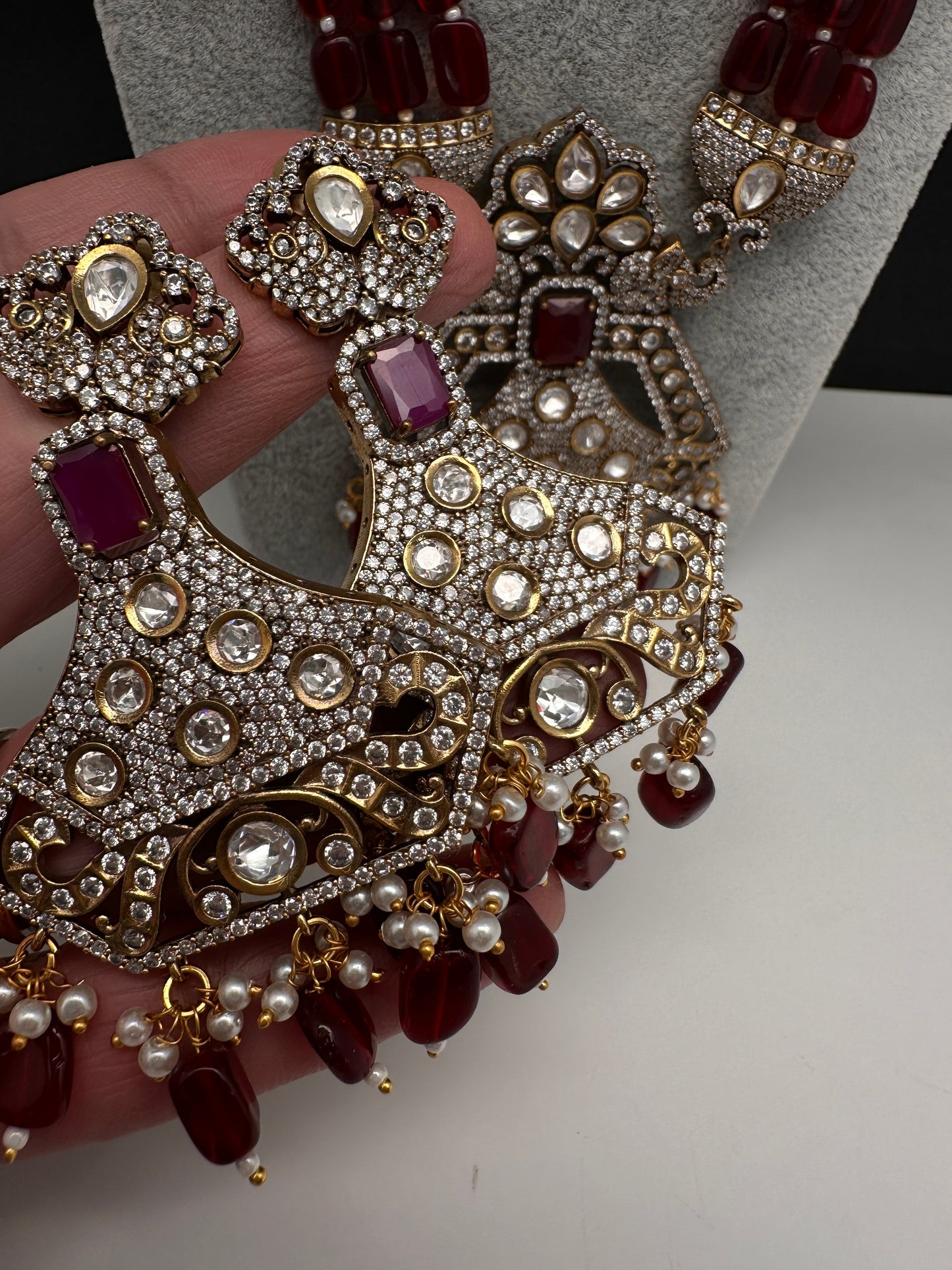 CZ Kundan Beads Long Necklace - Red