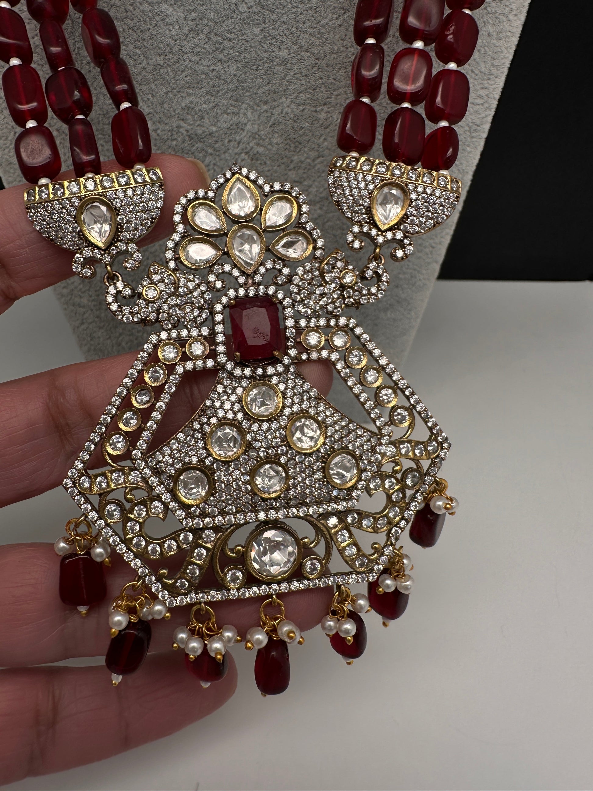 CZ Kundan Beads Long Necklace - Red