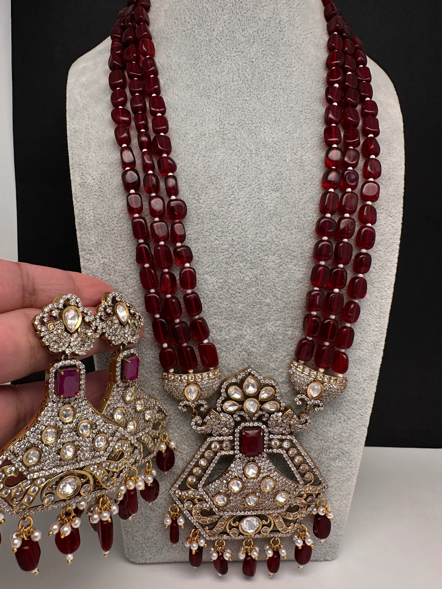 CZ Kundan Beads Long Necklace - Red