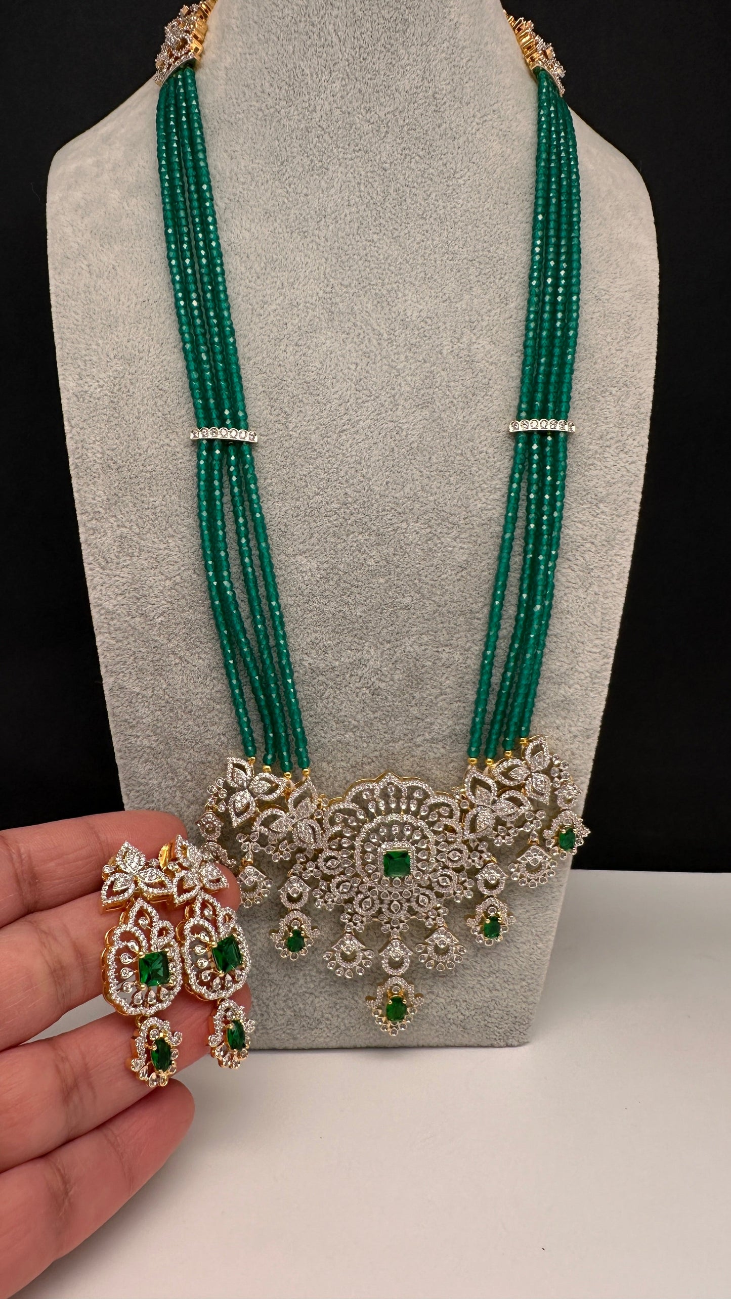 AD Pendent CZ  Beads Long Color Necklace - Green