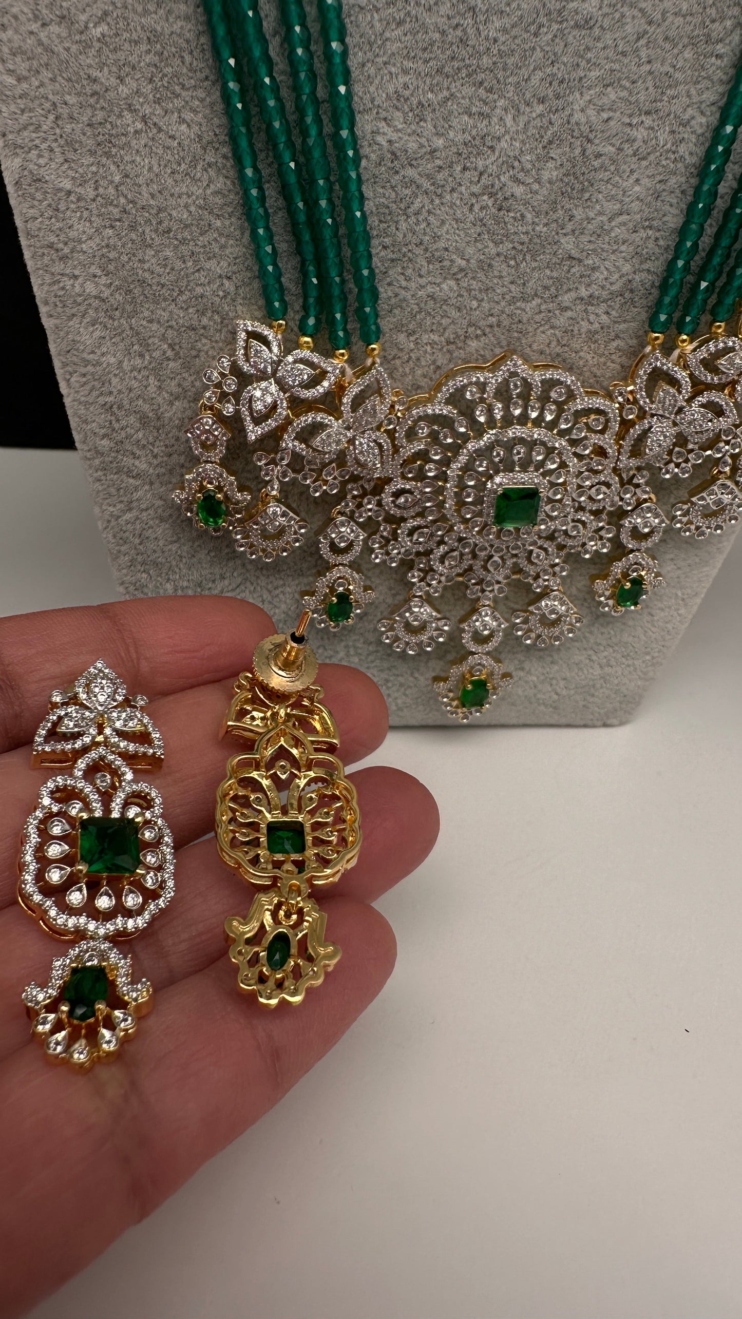 AD Pendent CZ  Beads Long Color Necklace - Green