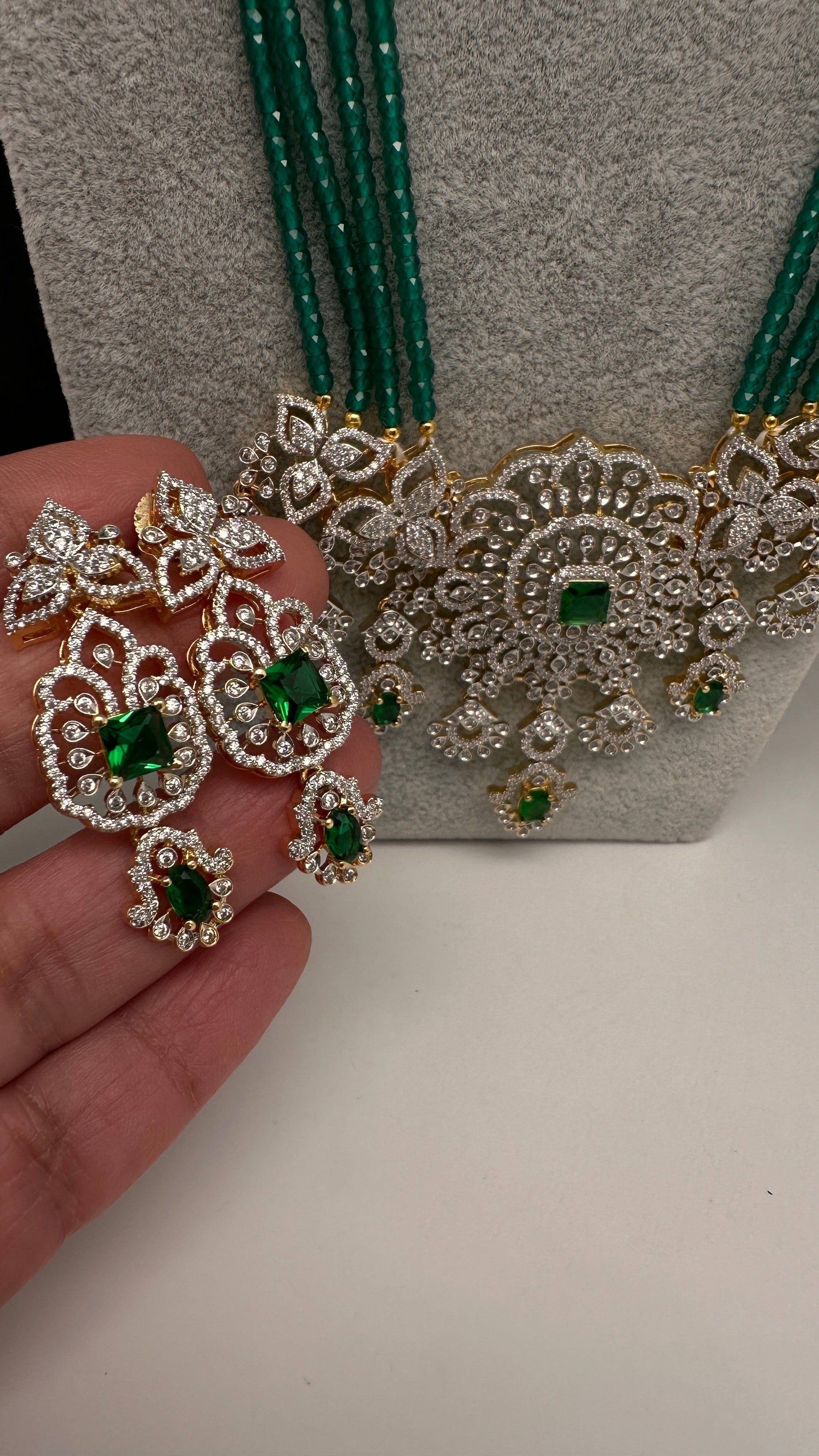 AD Pendent CZ  Beads Long Color Necklace - Green