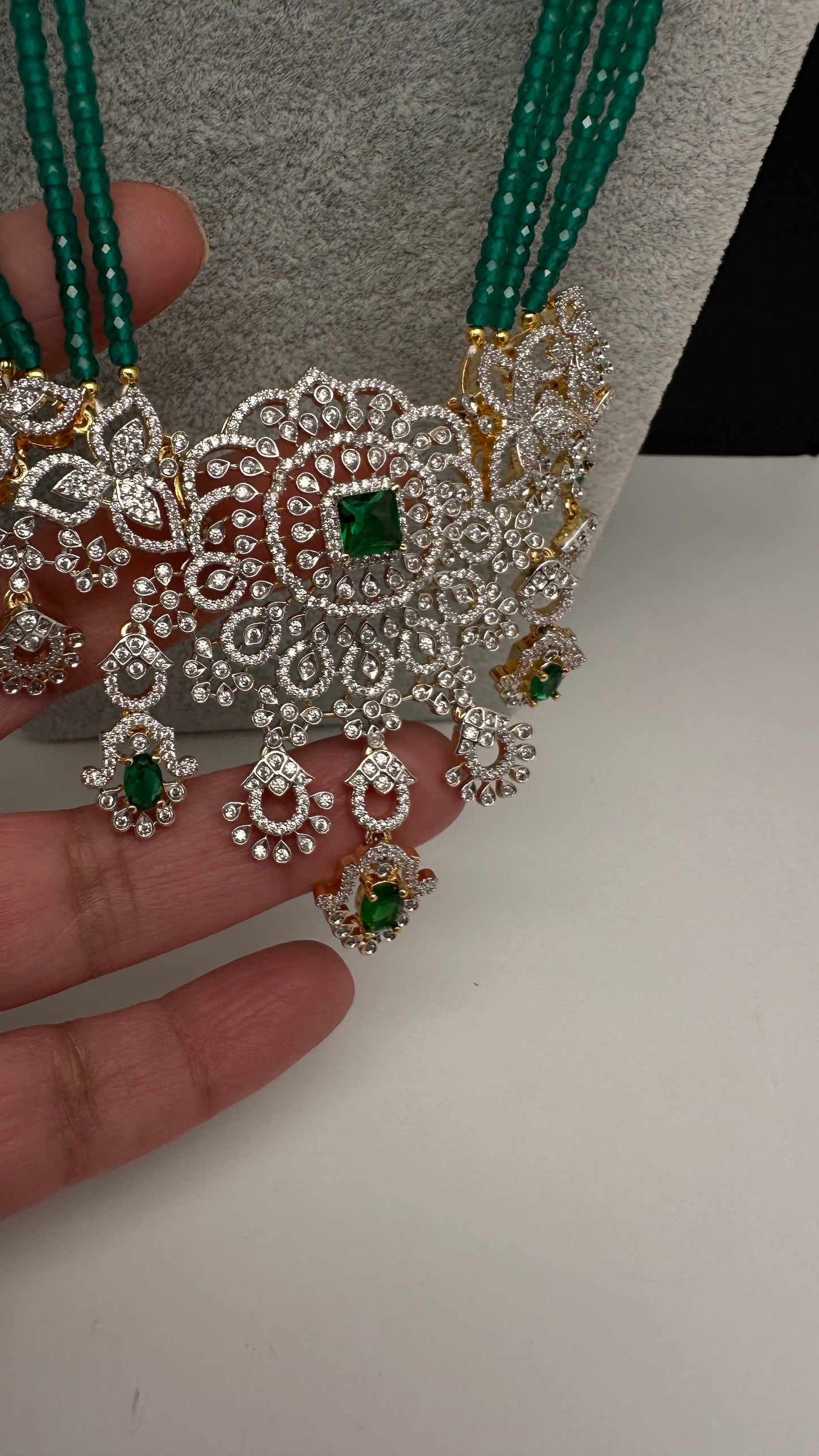 AD Pendent CZ  Beads Long Color Necklace - Green