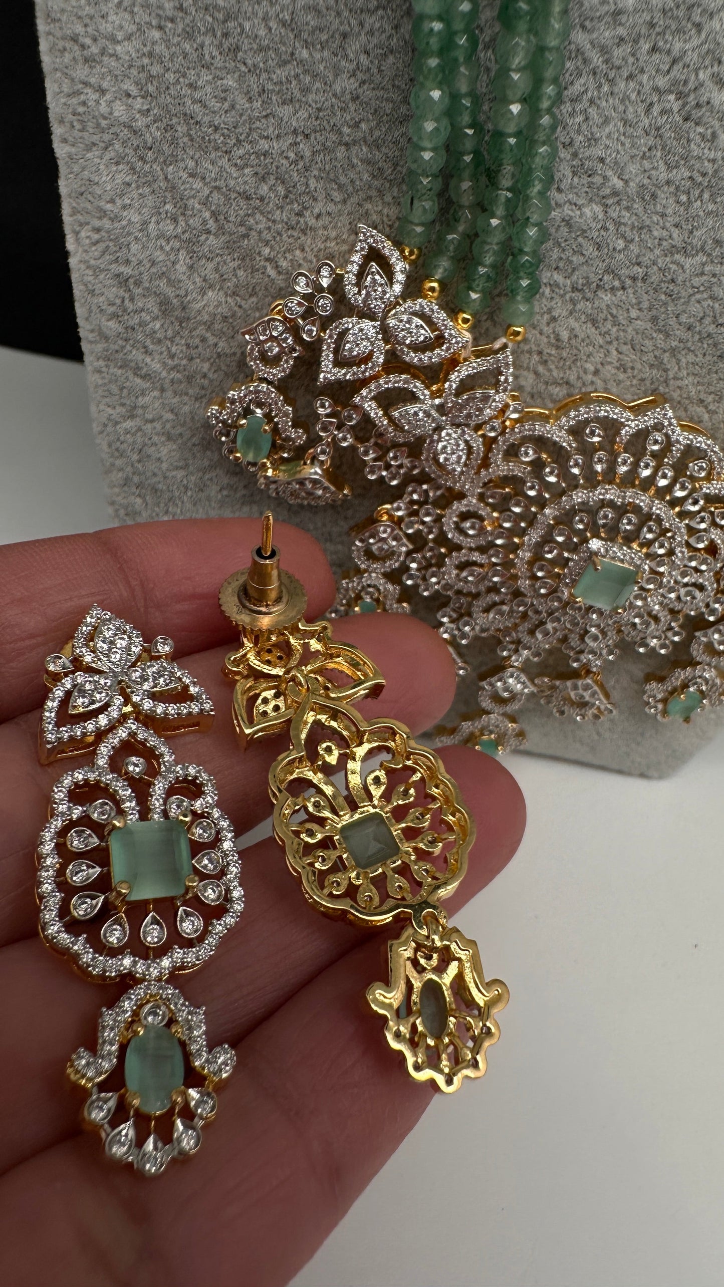 AD Pendent CZ  Beads Long Color Necklace - MintGreen