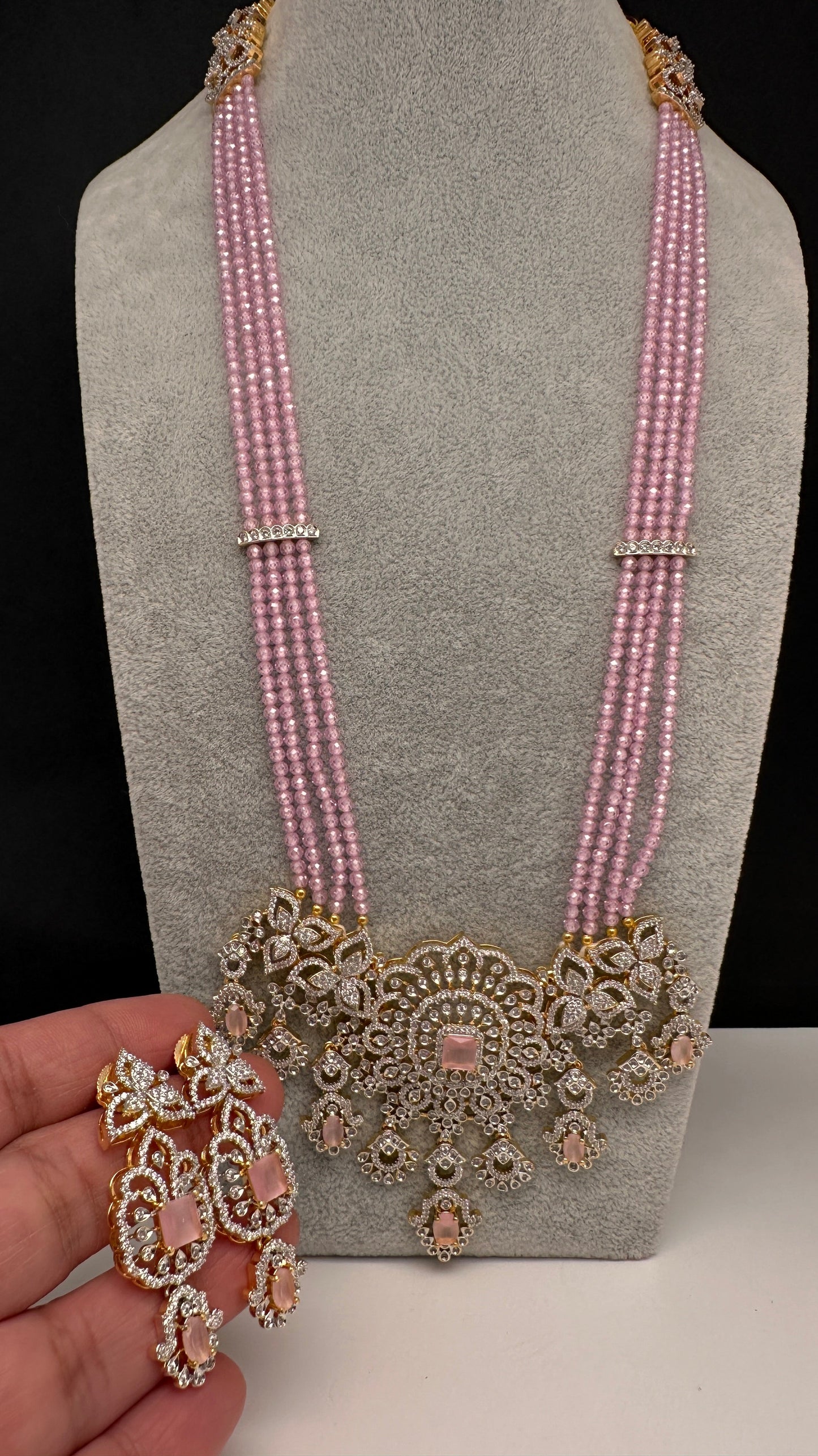 AD Pendent CZ  Beads Long Color Necklace - Pink