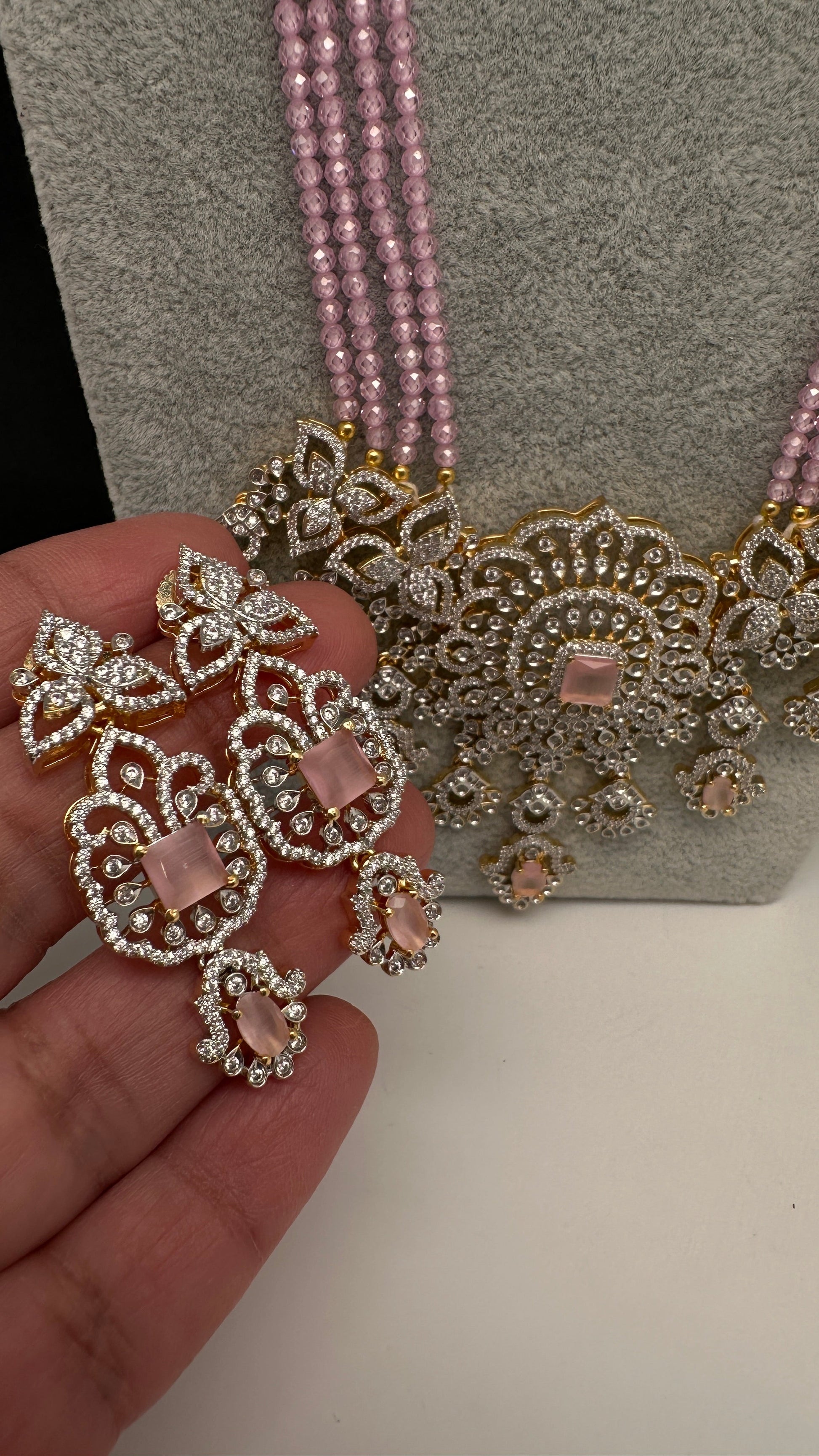 AD Pendent CZ  Beads Long Color Necklace - Pink