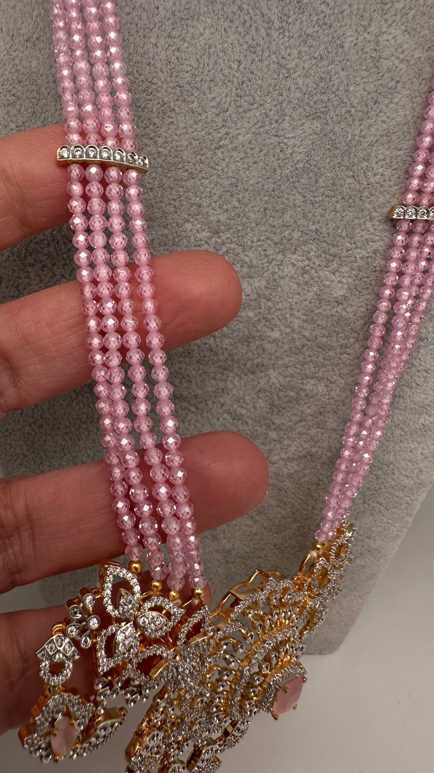 AD Pendent CZ  Beads Long Color Necklace - Pink