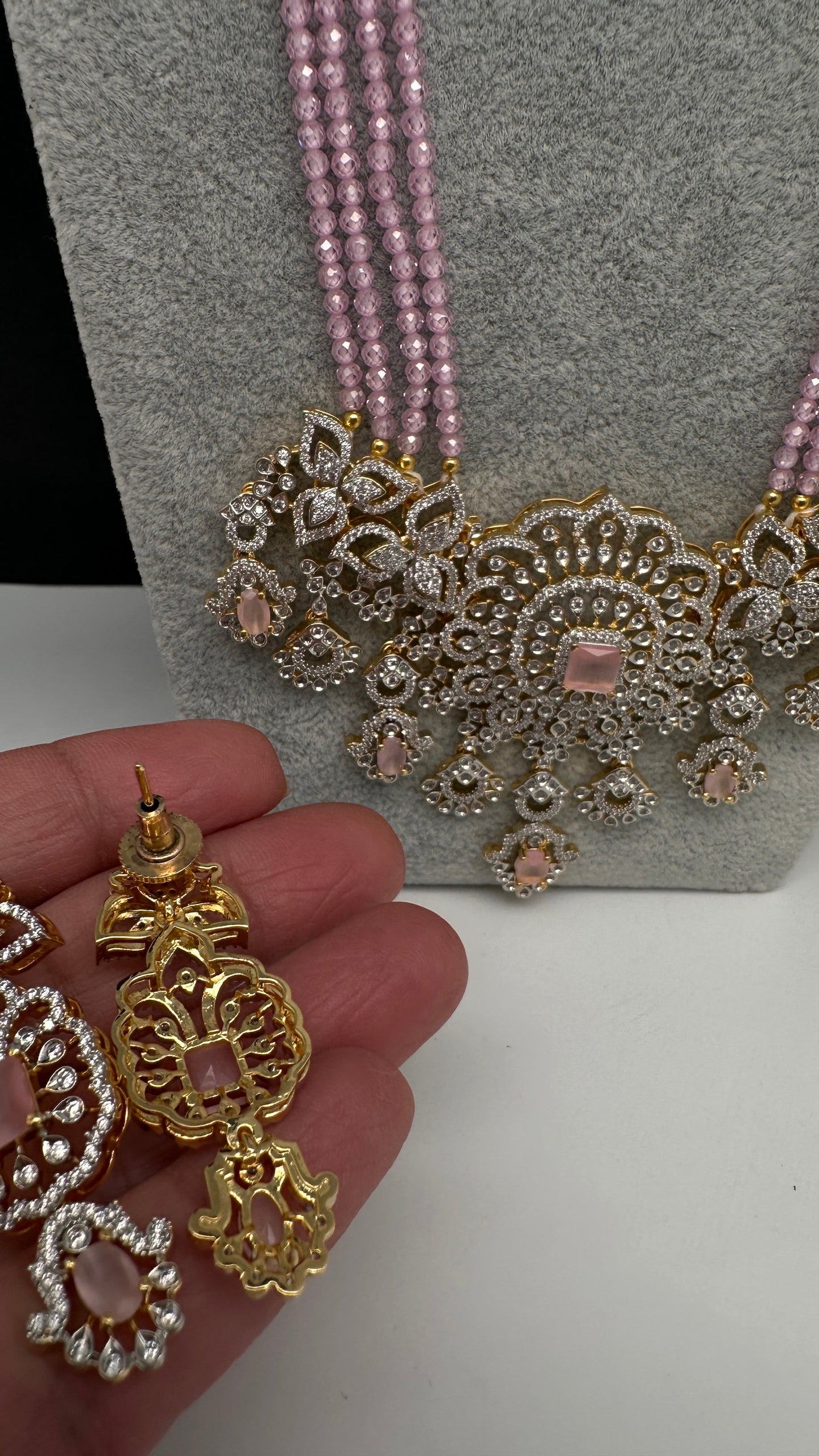 AD Pendent CZ  Beads Long Color Necklace - Pink