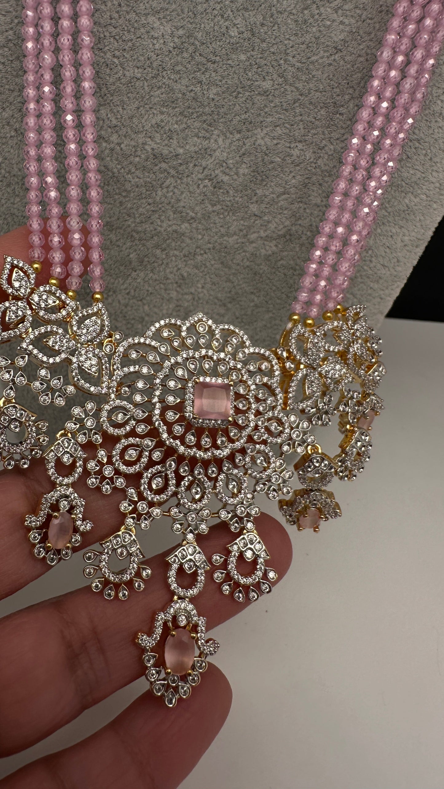 AD Pendent CZ  Beads Long Color Necklace - Pink