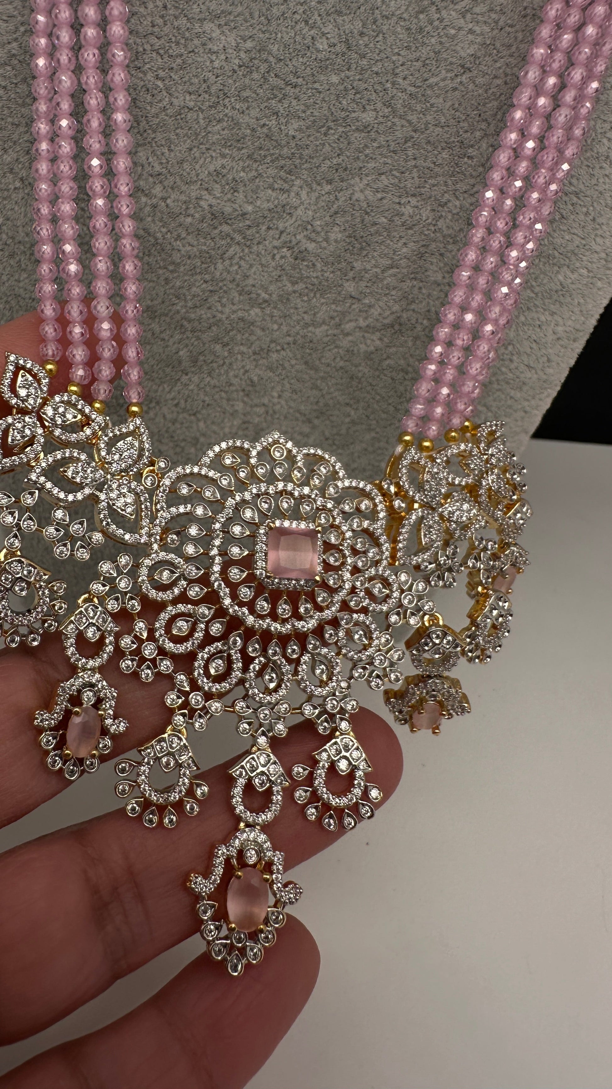 AD Pendent CZ  Beads Long Color Necklace - Pink