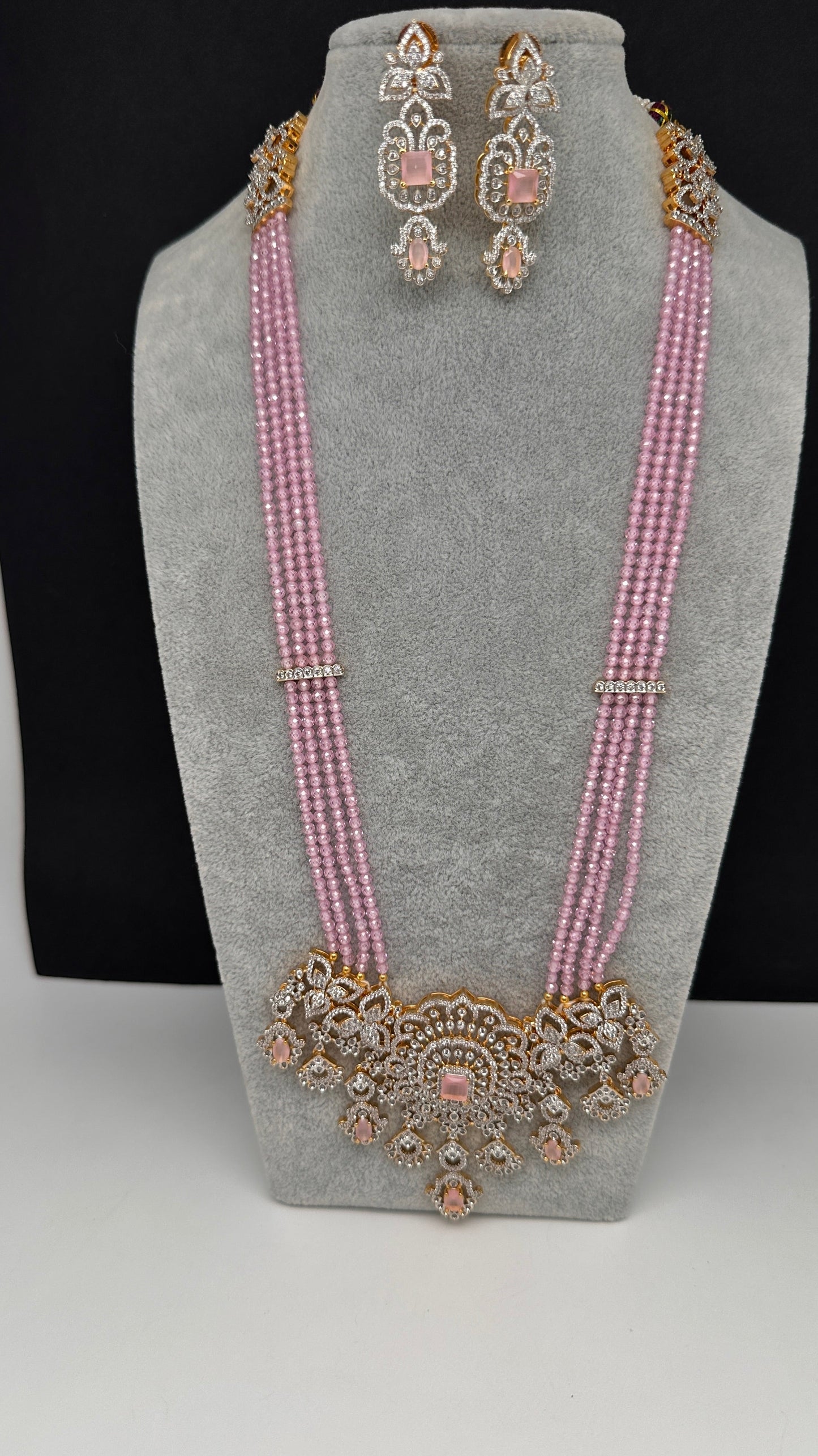 AD Pendent CZ  Beads Long Color Necklace - Pink
