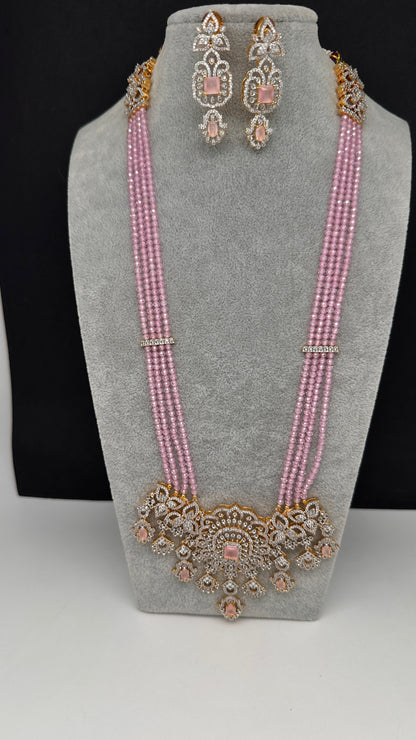 AD Pendent CZ  Beads Long Color Necklace - Pink