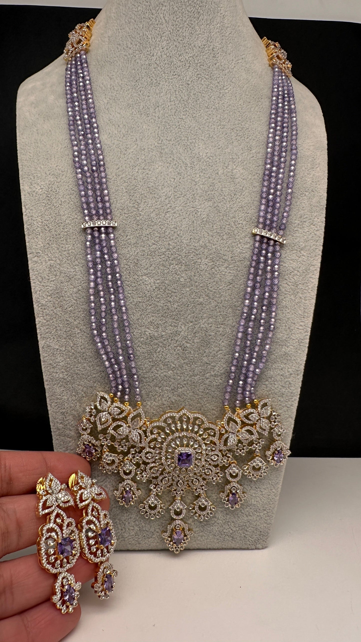 AD Pendent CZ  Beads Long Color Necklace - Purple