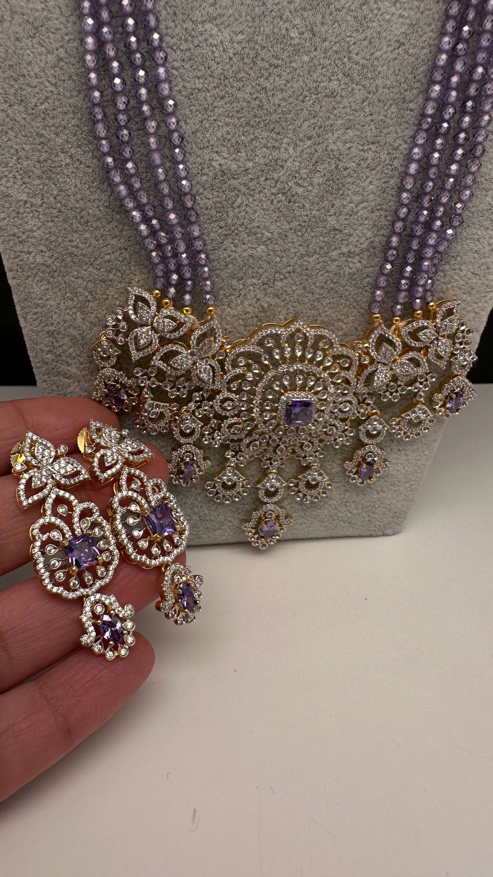 AD Pendent CZ  Beads Long Color Necklace - Purple