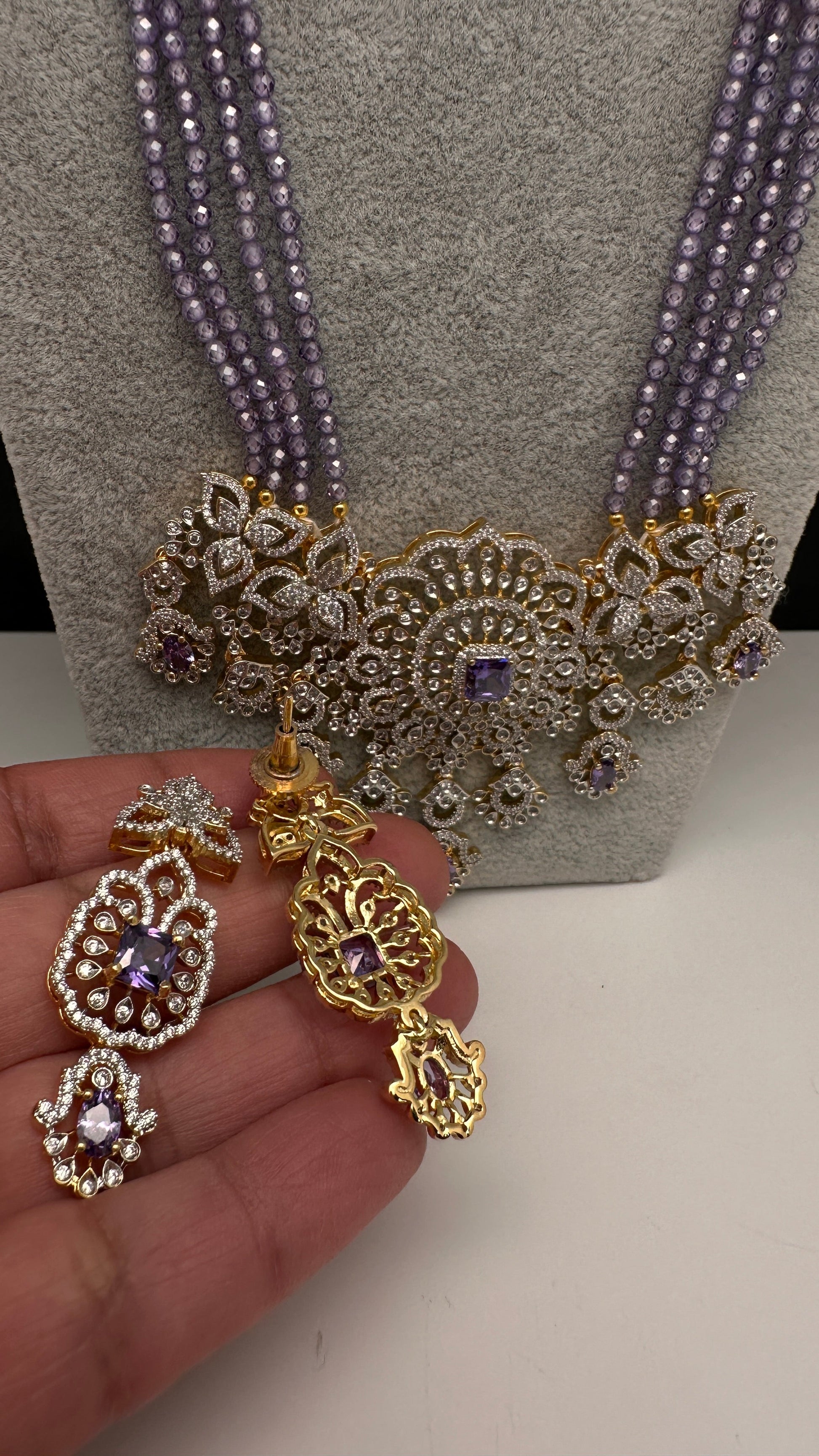 AD Pendent CZ  Beads Long Color Necklace - Purple