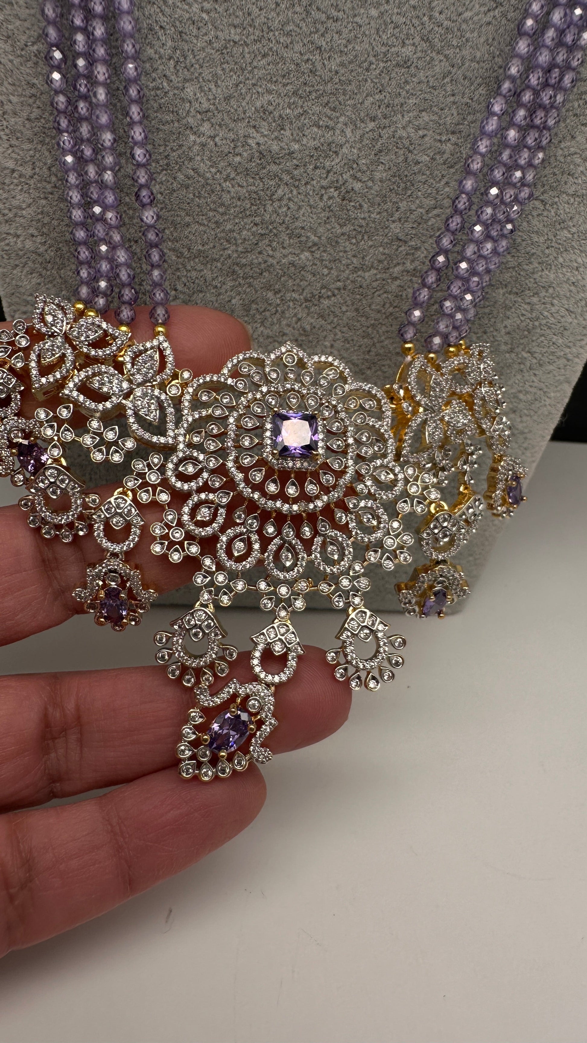 AD Pendent CZ  Beads Long Color Necklace - Purple