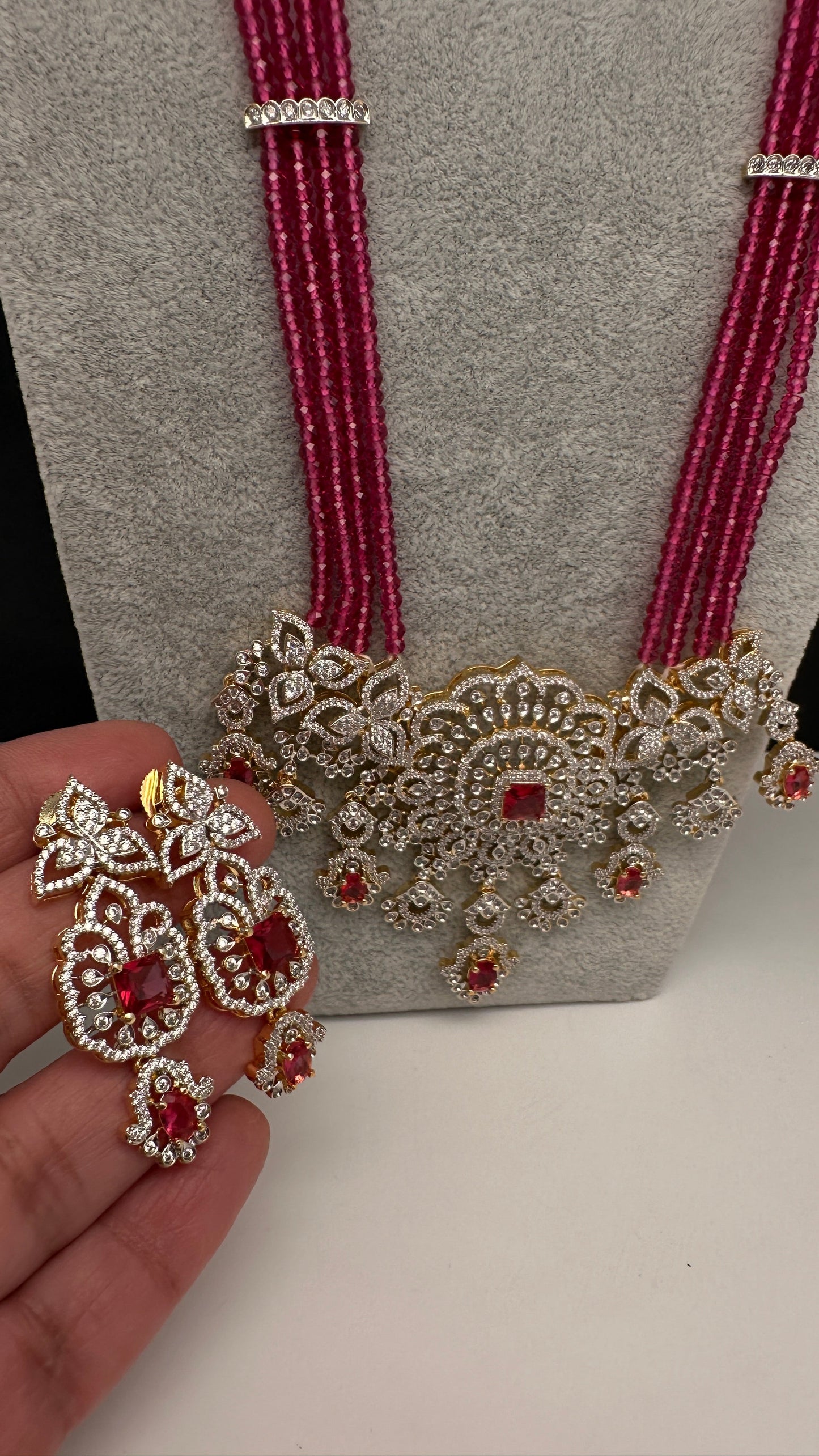 AD Pendent CZ  Beads Long Color Necklace - Red