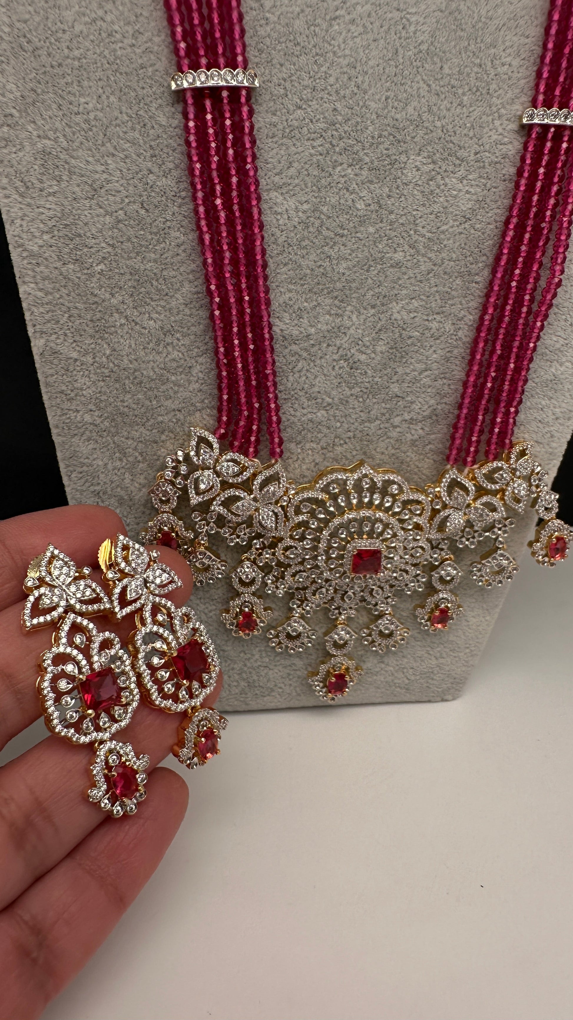 AD Pendent CZ  Beads Long Color Necklace - Red