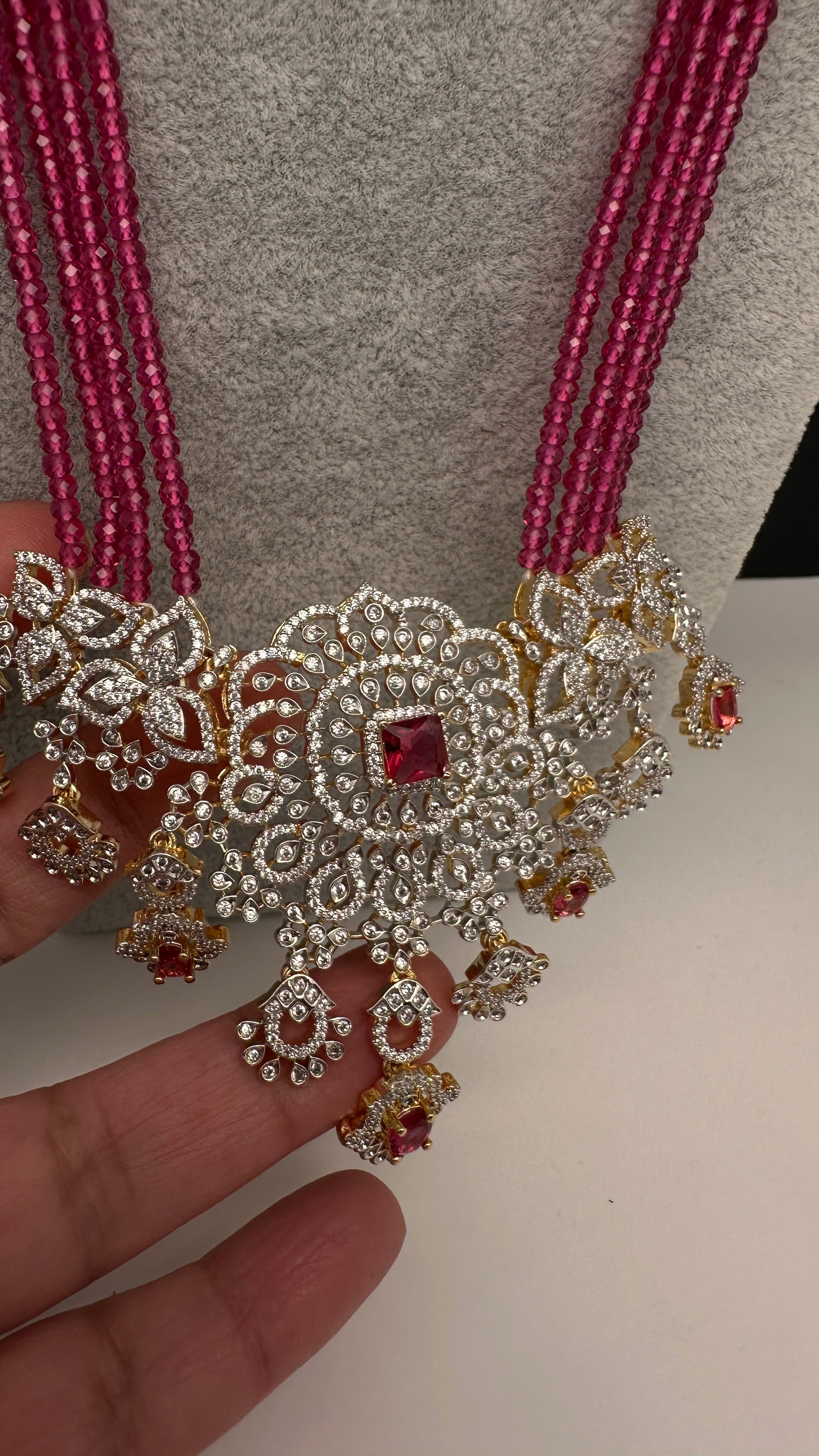 AD Pendent CZ  Beads Long Color Necklace - Red