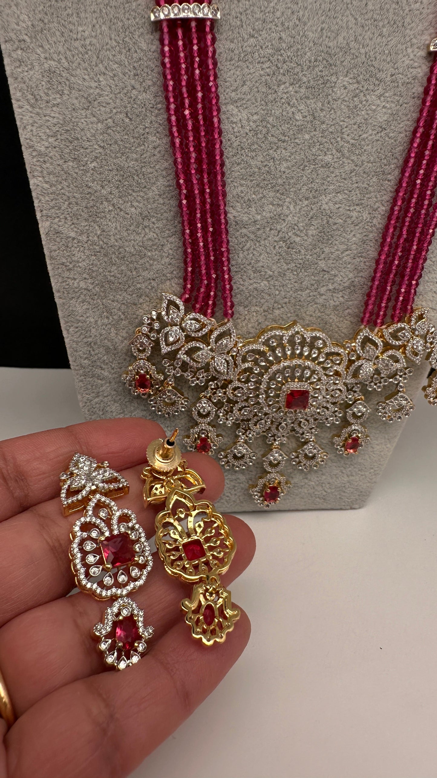 AD Pendent CZ  Beads Long Color Necklace - Red