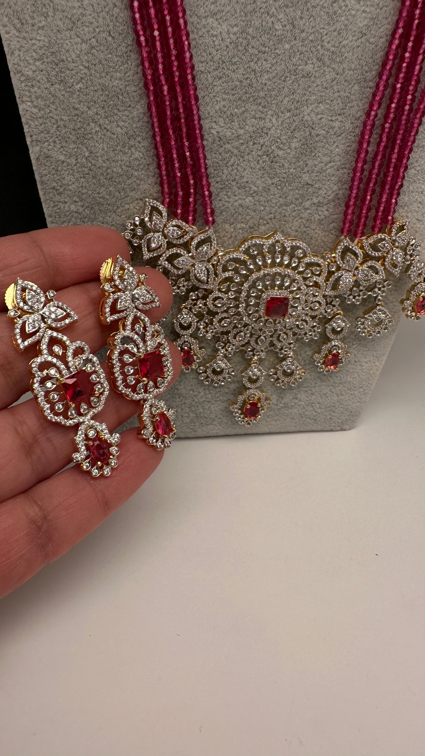 AD Pendent CZ  Beads Long Color Necklace - Red