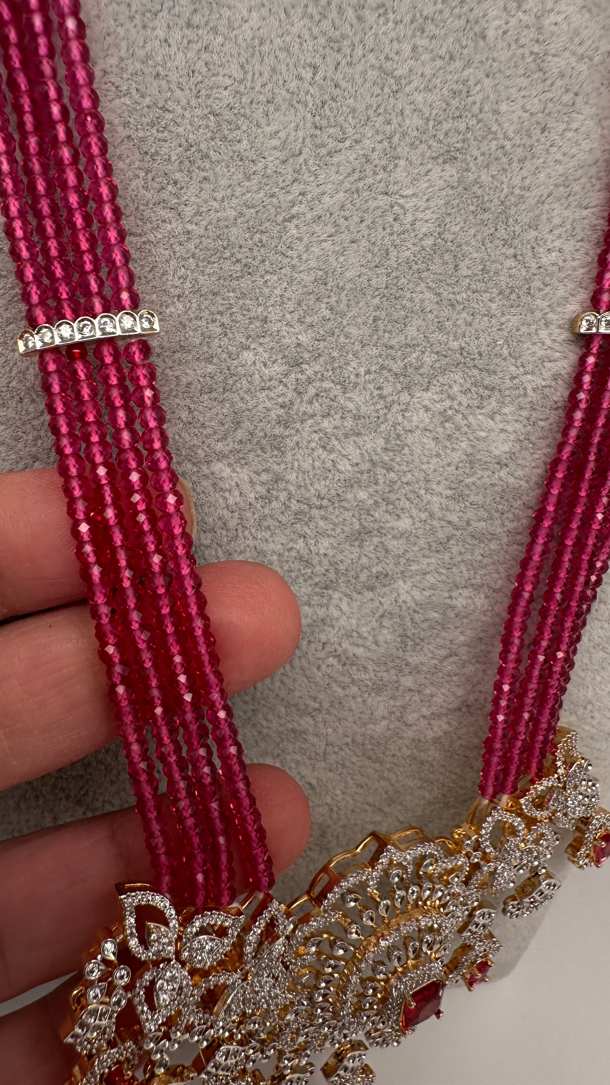 AD Pendent CZ  Beads Long Color Necklace - Red