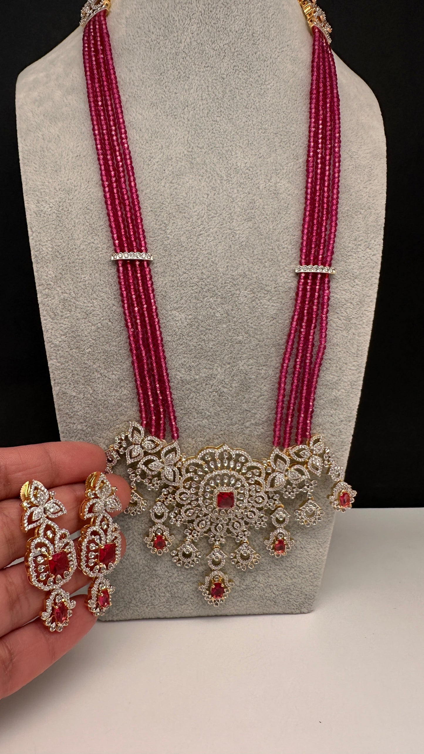 AD Pendent CZ  Beads Long Color Necklace - Red