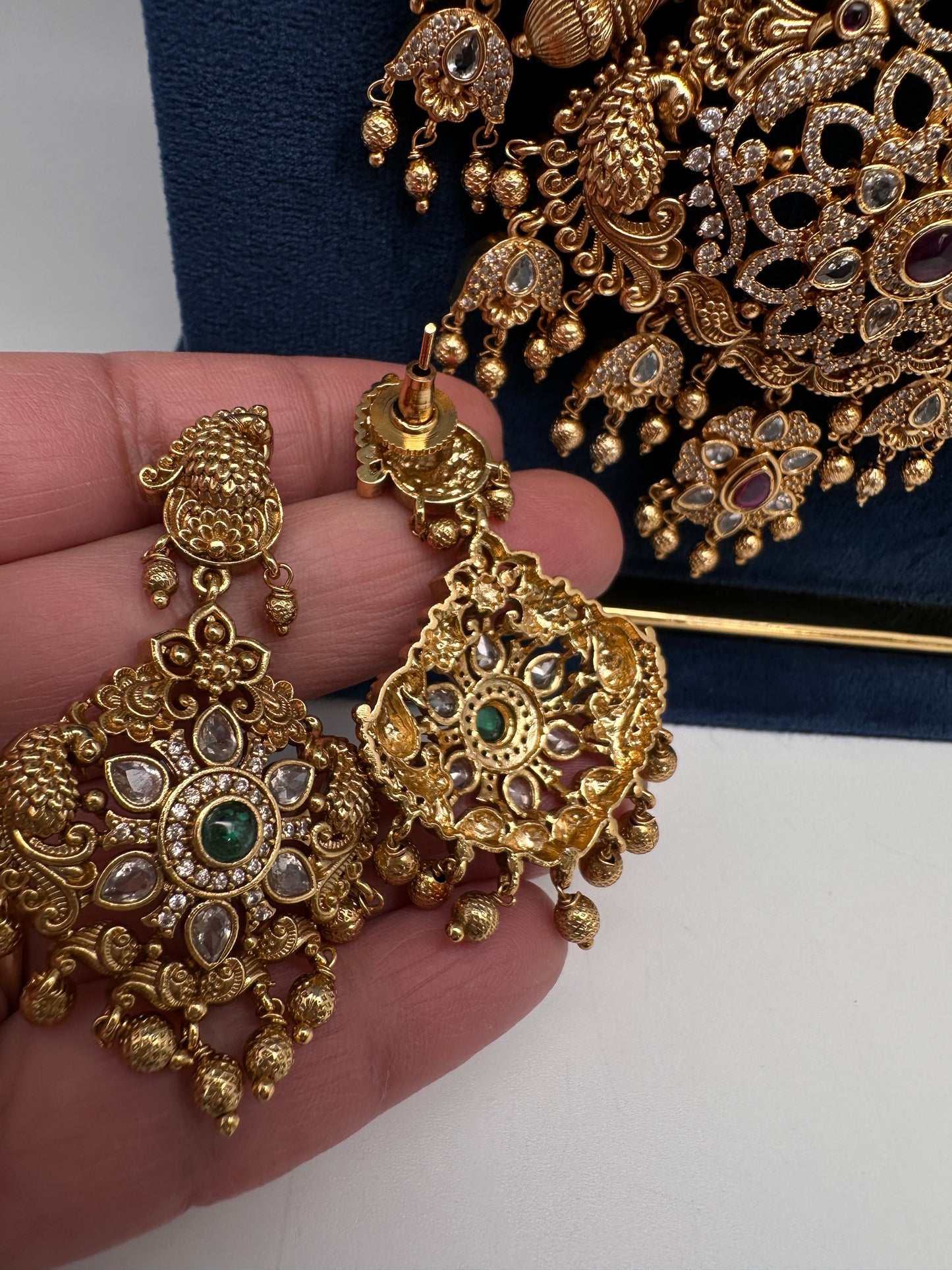 Matte Multi Stones Peacock Long Necklace - 