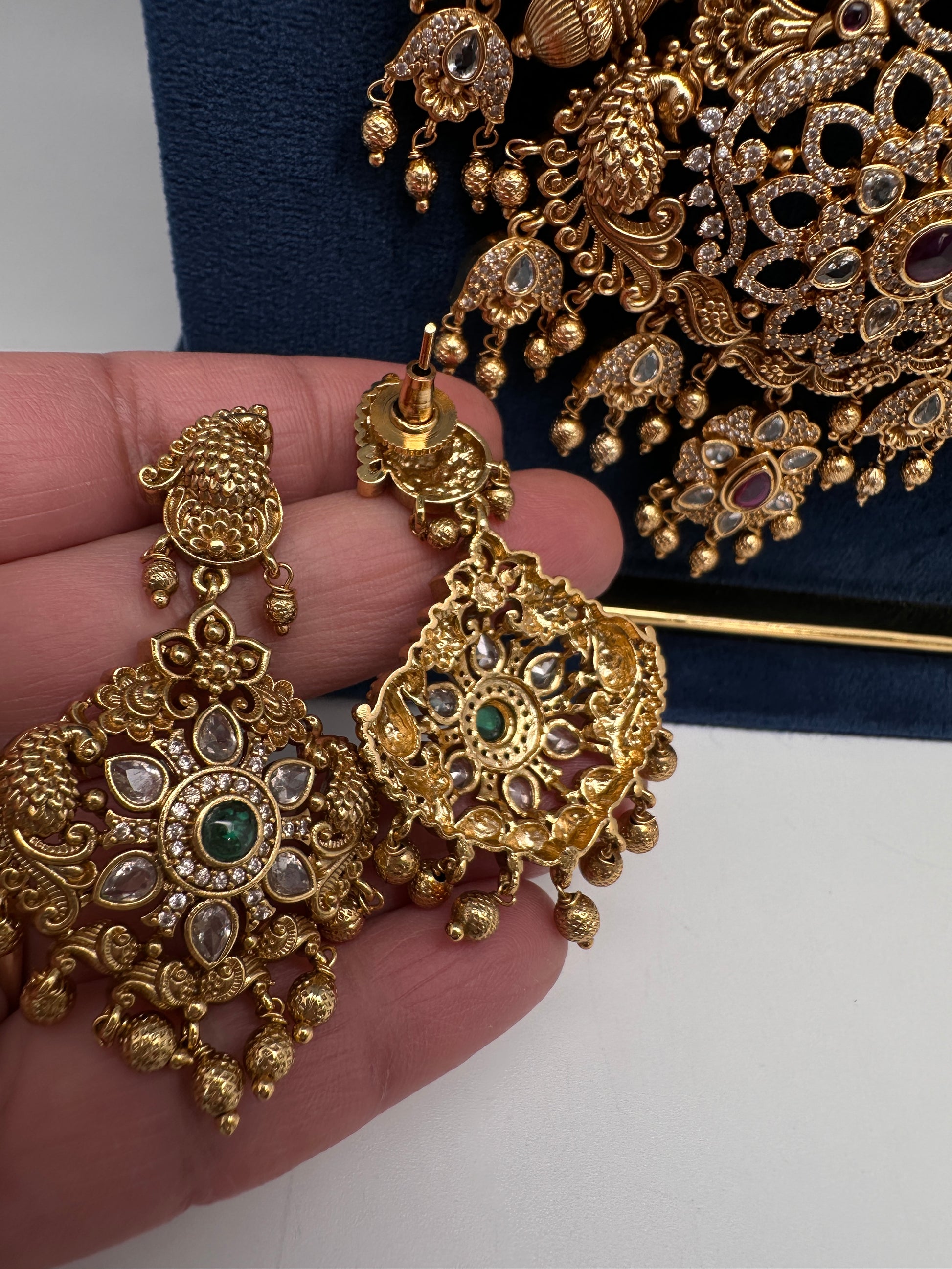 Matte Multi Stones Peacock Long Necklace - 
