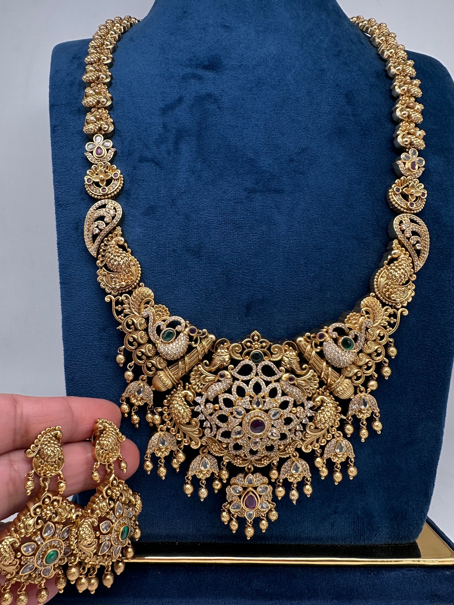 Matte Multi Stones Peacock Long Necklace - 