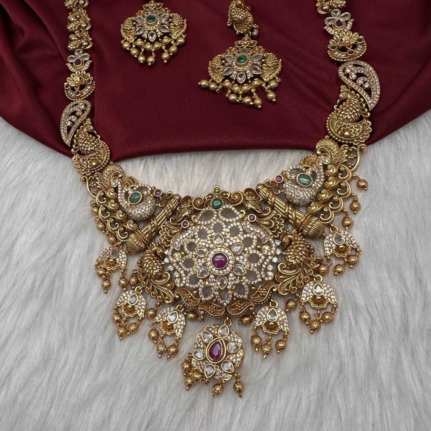 Matte Multi Stones Peacock Long Necklace - 