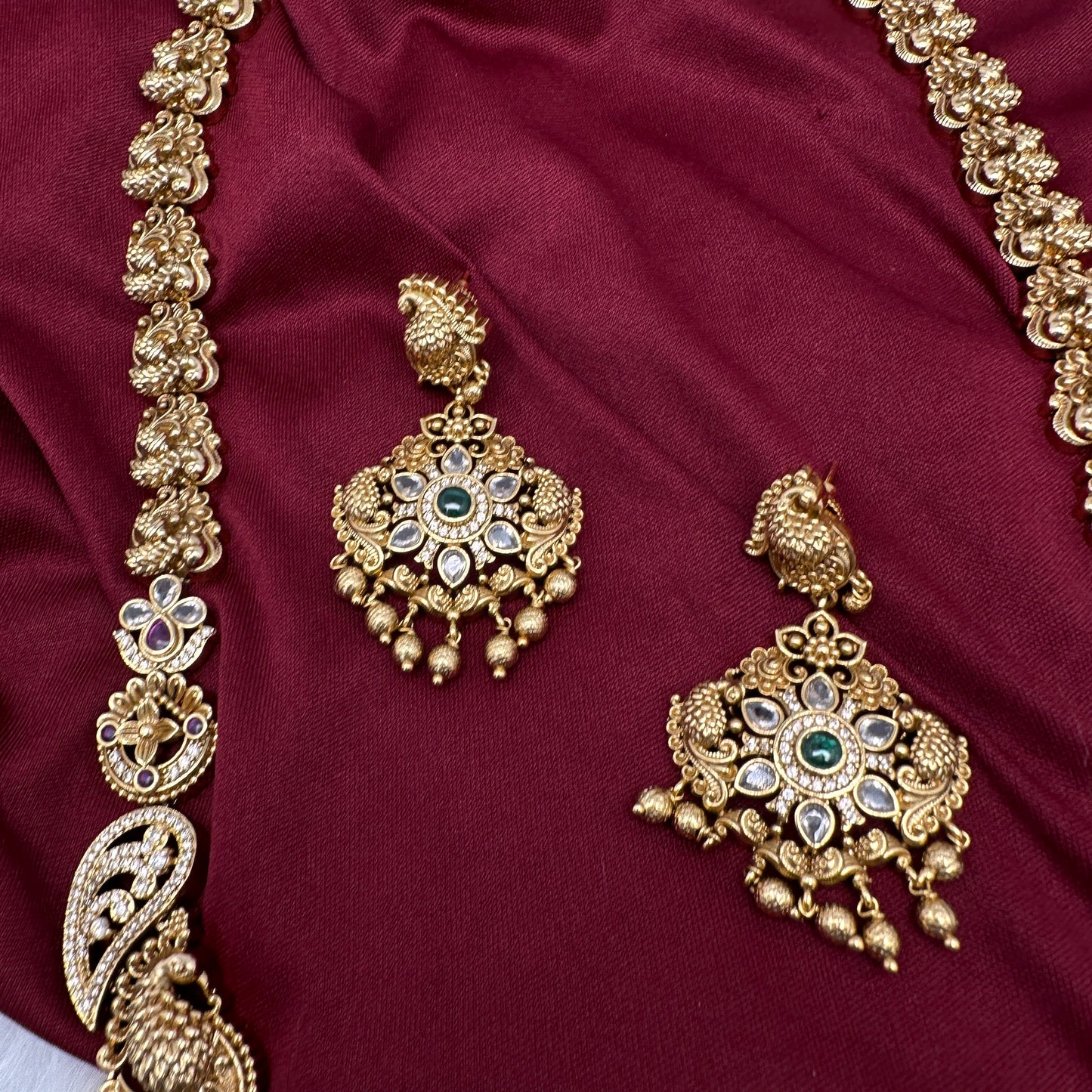 Matte Multi Stones Peacock Long Necklace - 