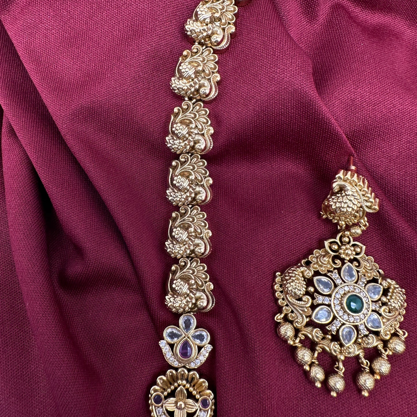 Matte Multi Stones Peacock Long Necklace - 