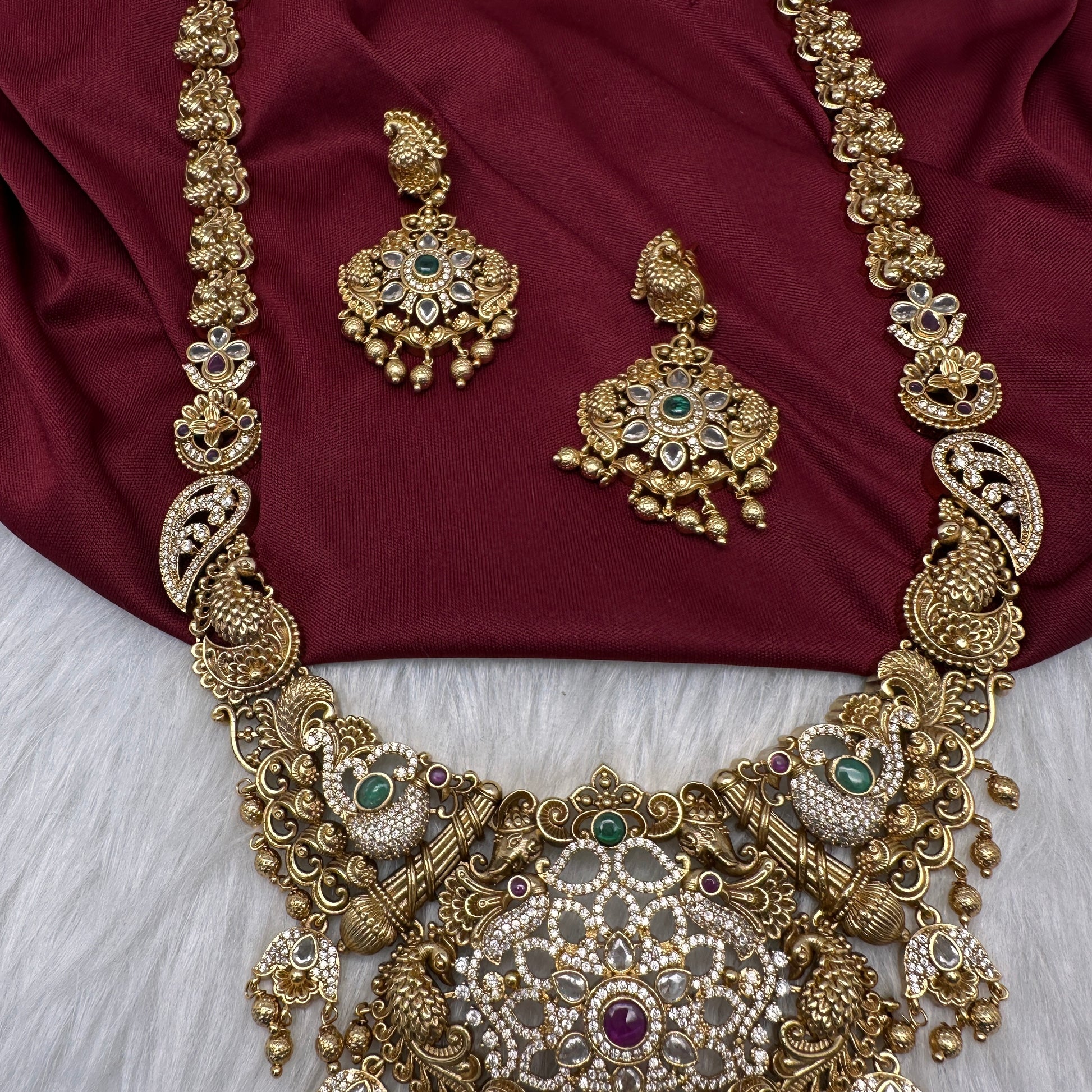 Matte Multi Stones Peacock Long Necklace - 