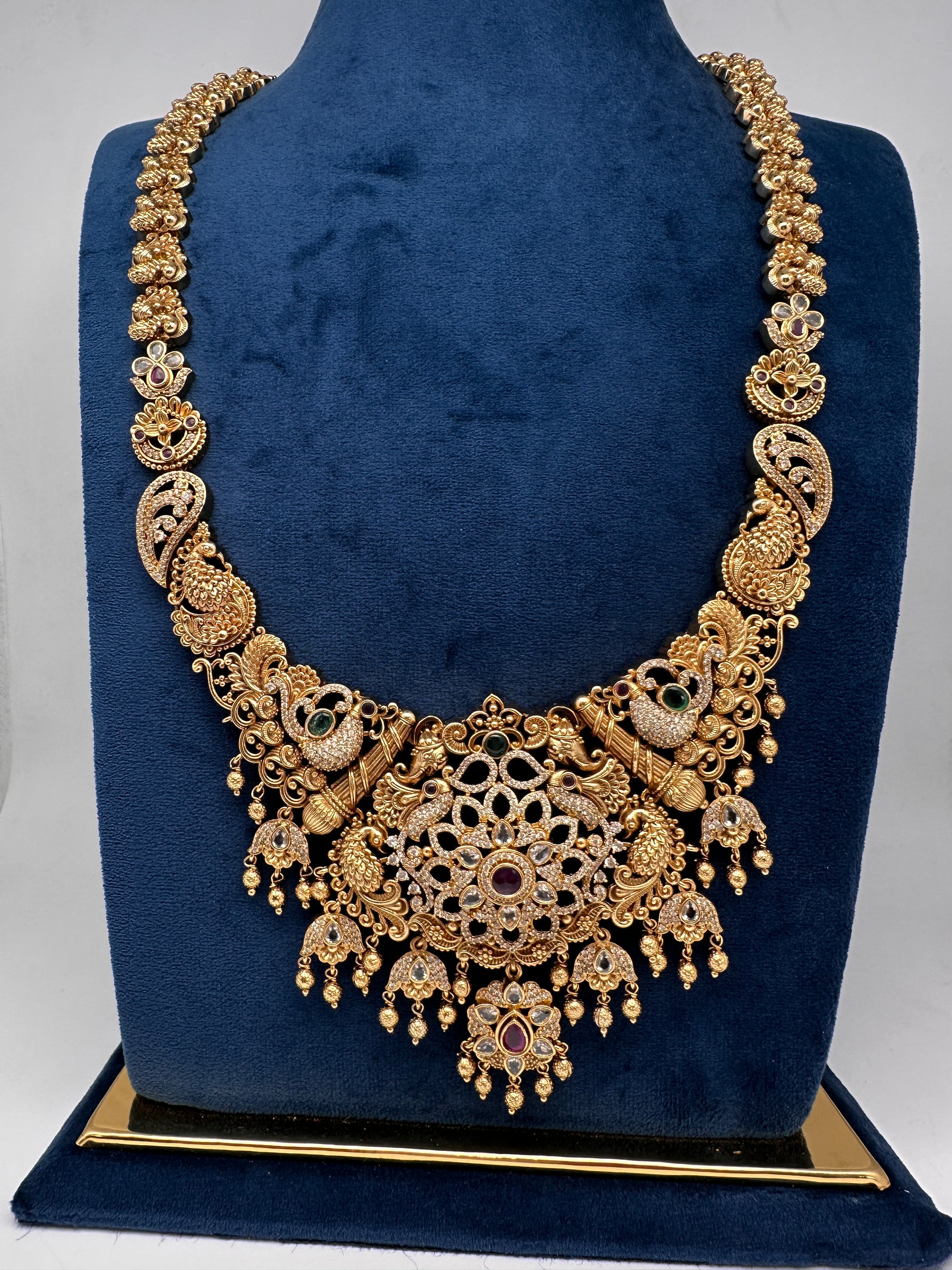 Matte Multi Stones Peacock Long Necklace - 