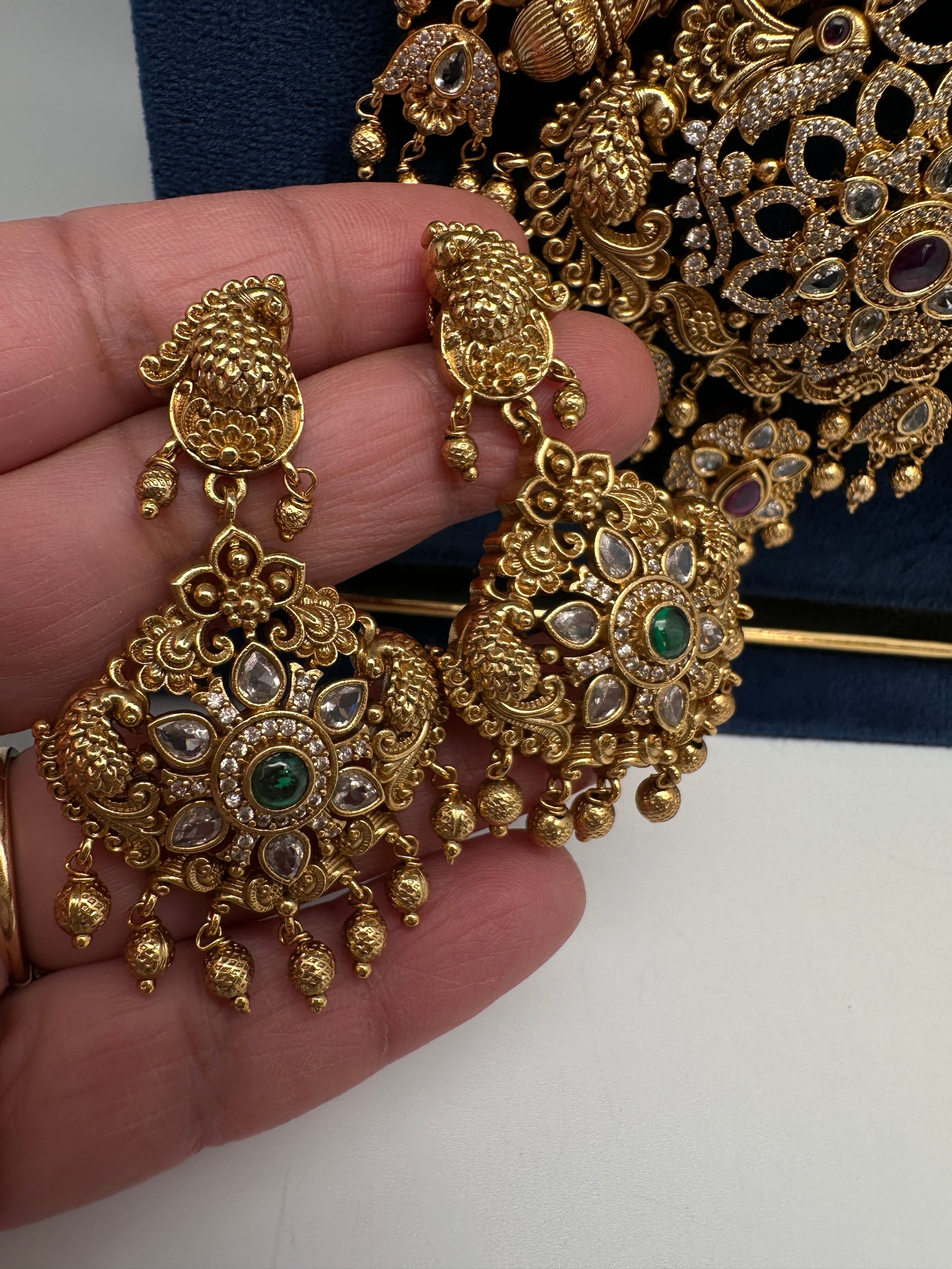Matte Multi Stones Peacock Long Necklace - 