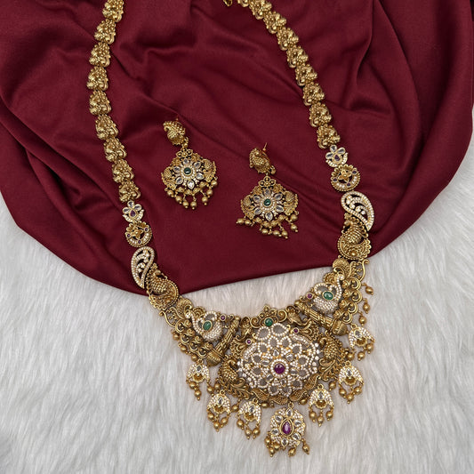 Matte Multi Stones Peacock Long Necklace - 