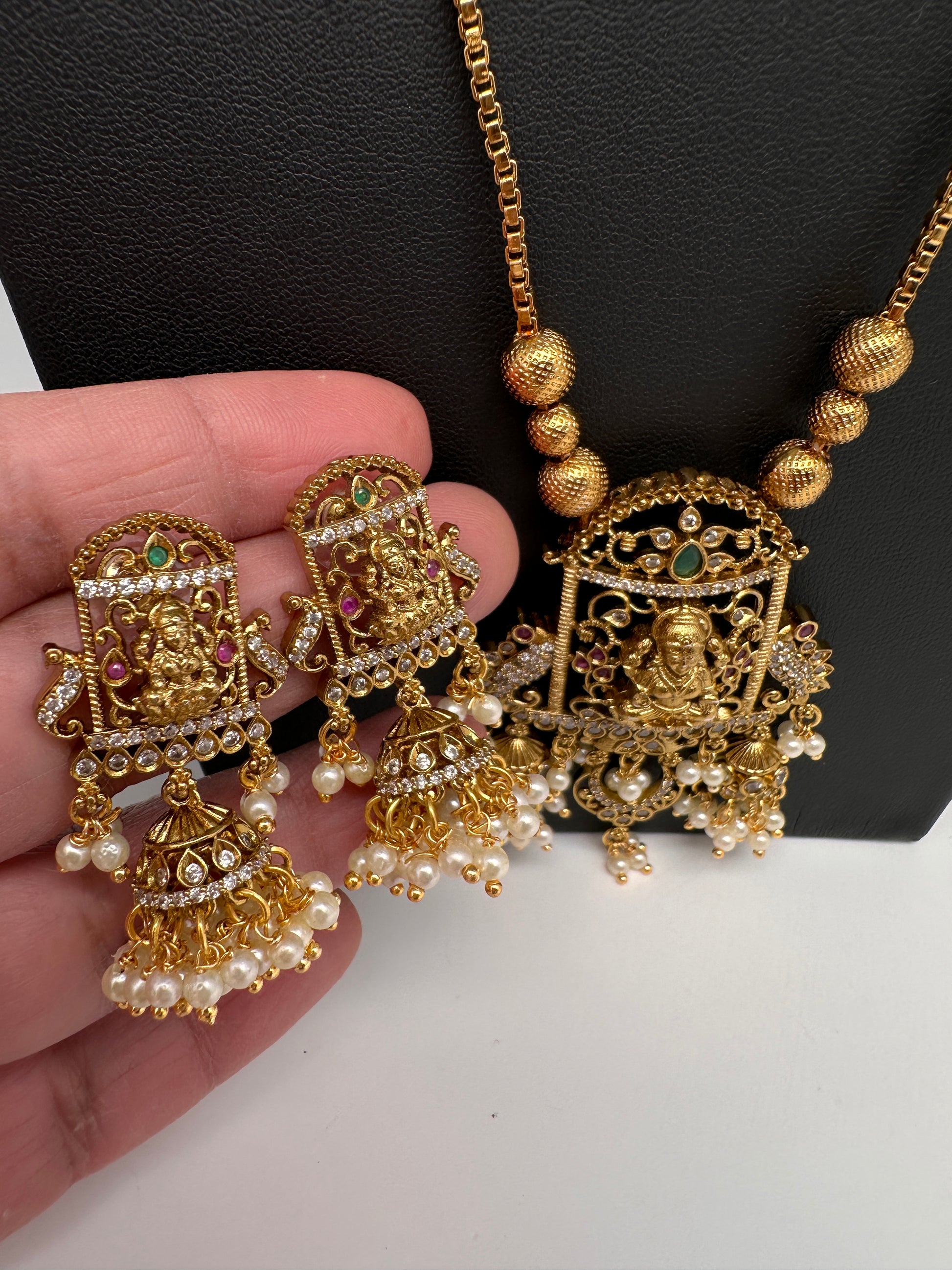 Antique Matte Goddess Lakshmi Kemp AD Traditional Long Chain Necklace - 