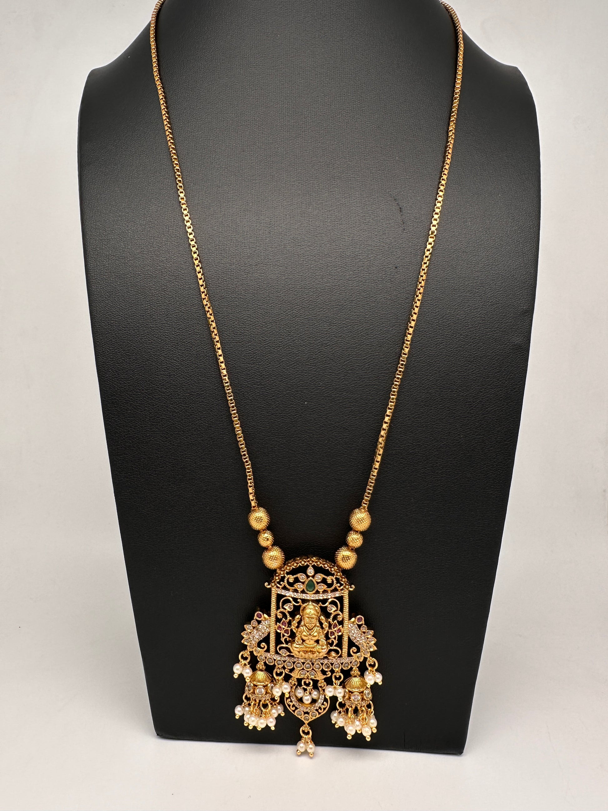 Antique Matte Goddess Lakshmi Kemp AD Traditional Long Chain Necklace - 