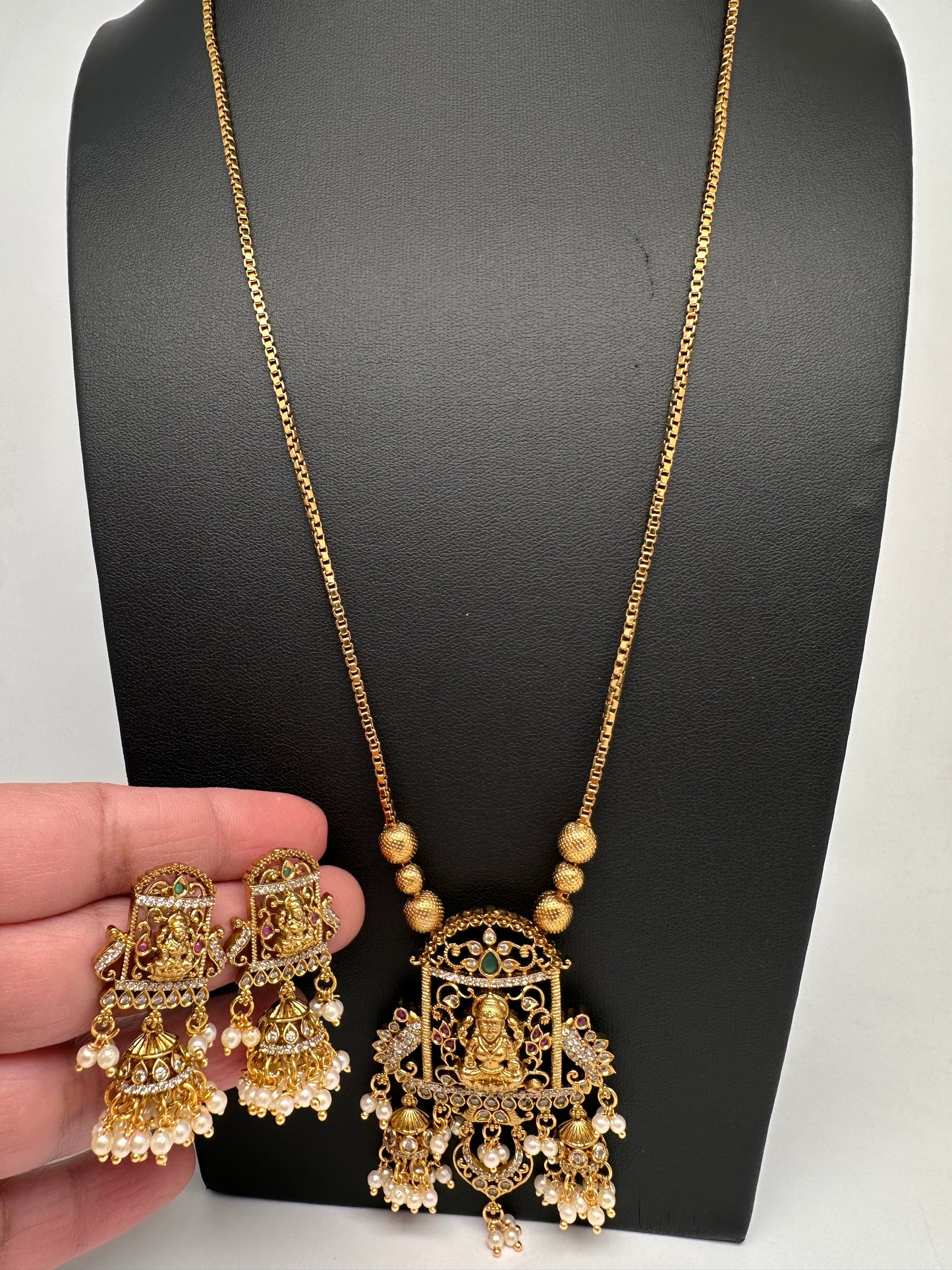 Antique Matte Goddess Lakshmi Kemp AD Traditional Long Chain Necklace - 