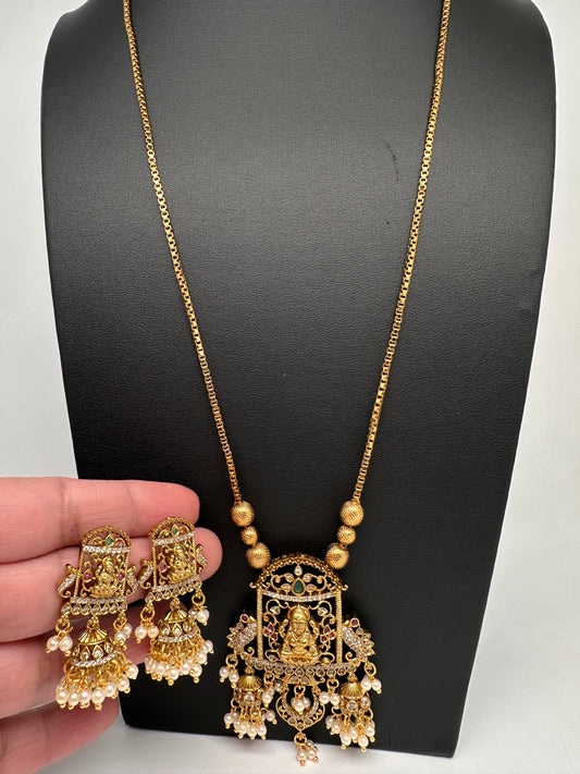 Antique Matte Goddess Lakshmi Kemp AD Traditional Long Chain Necklace - 