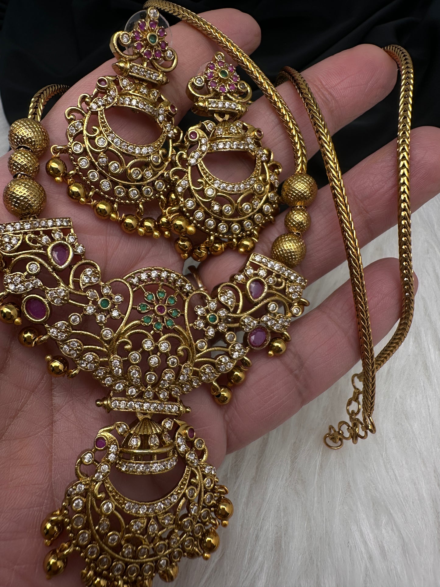 Antique Matte CZ Kemp Chandbali Traditional Long Chain Necklace - 